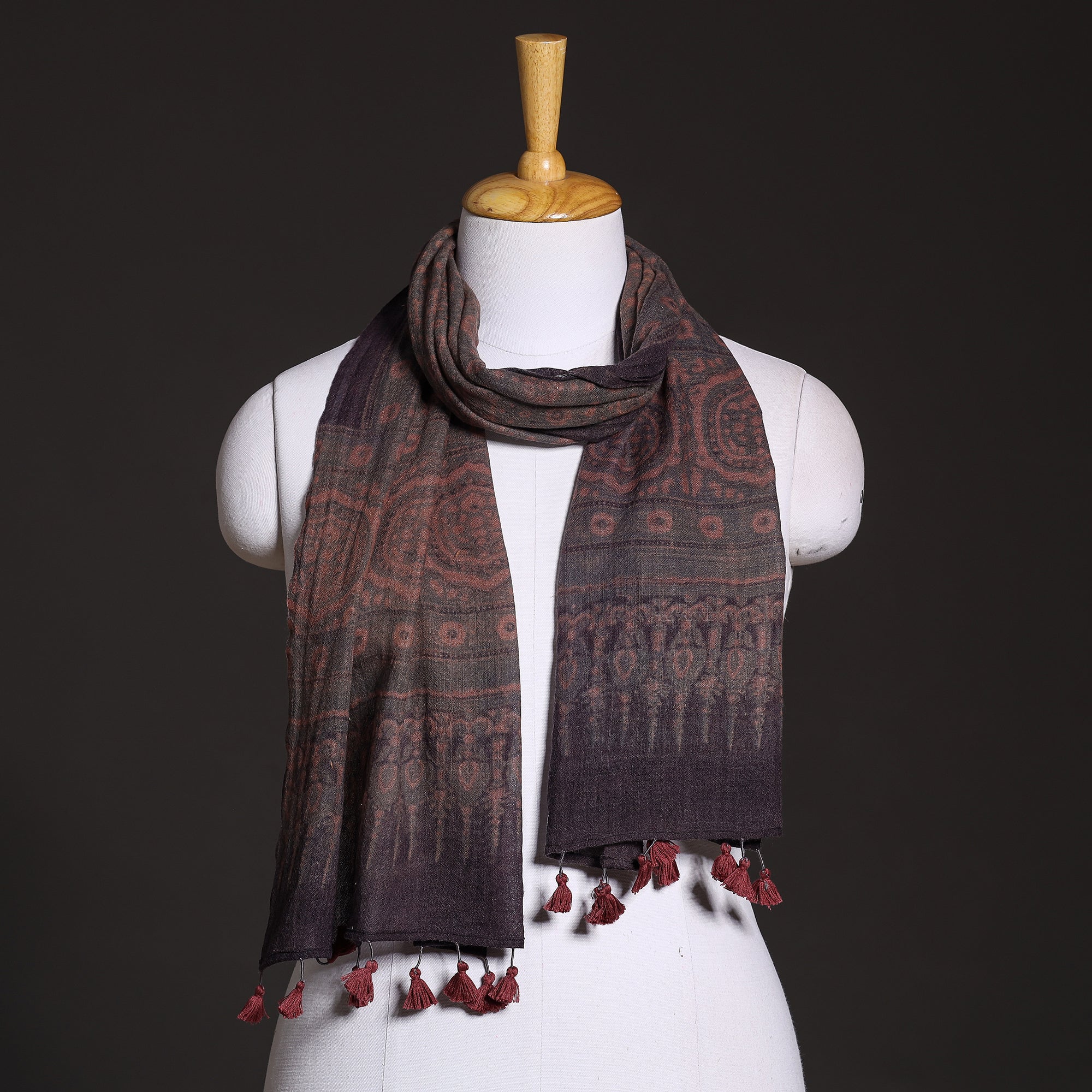 AJRAKH BY SUFIYAN ISMAIL KHATRI Brown - Ajrakh Hand Block Printed Pure Woolen Stole
