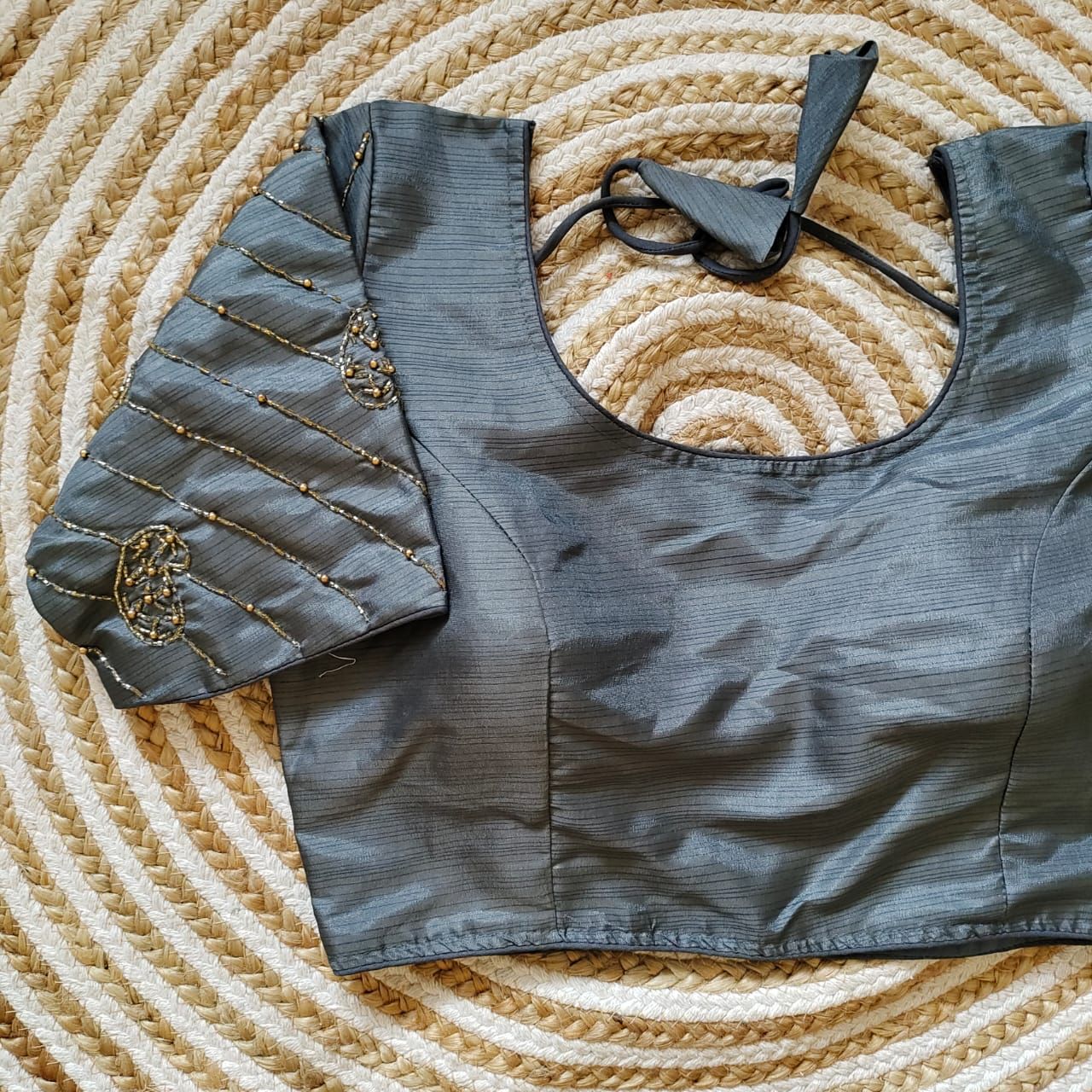 ClothsVilla Grey Pure Silk Blouse with Handcrafted Sleeves and Back Opening