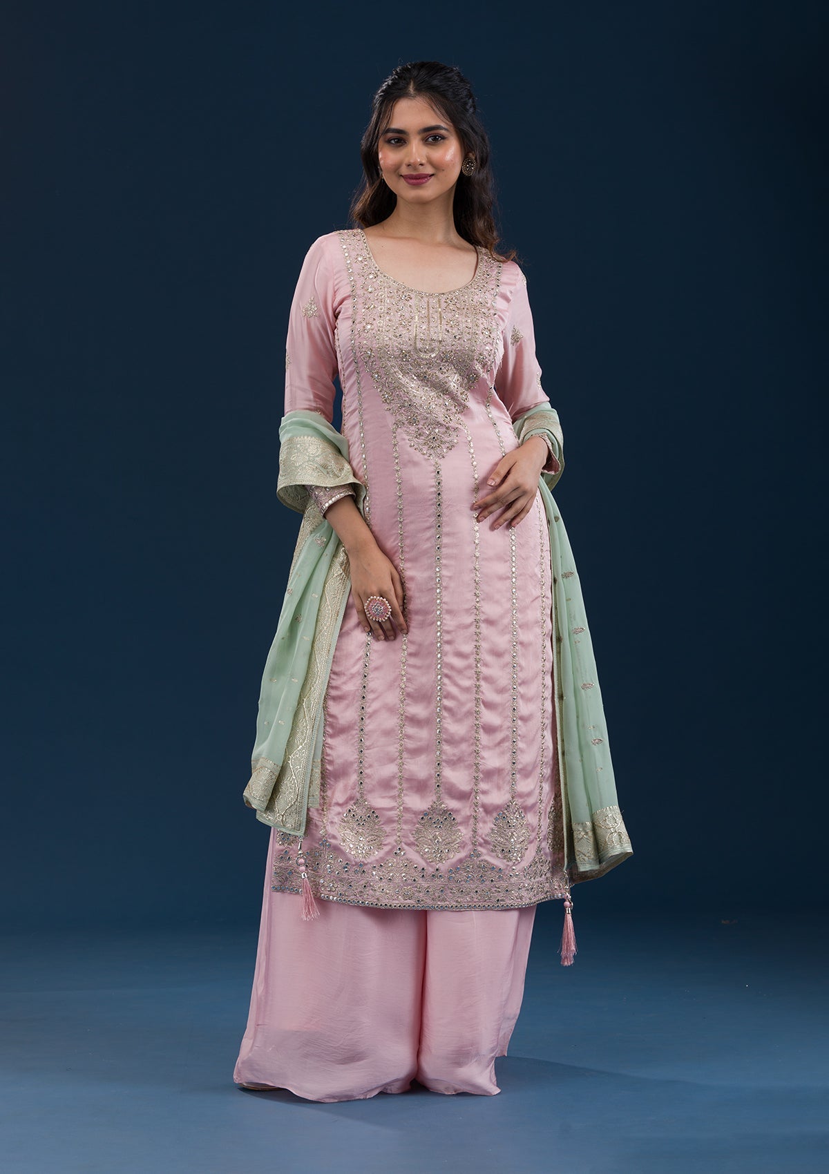 Koskii Baby Pink Zariwork Semi Crepe Readymade Salwar Suit