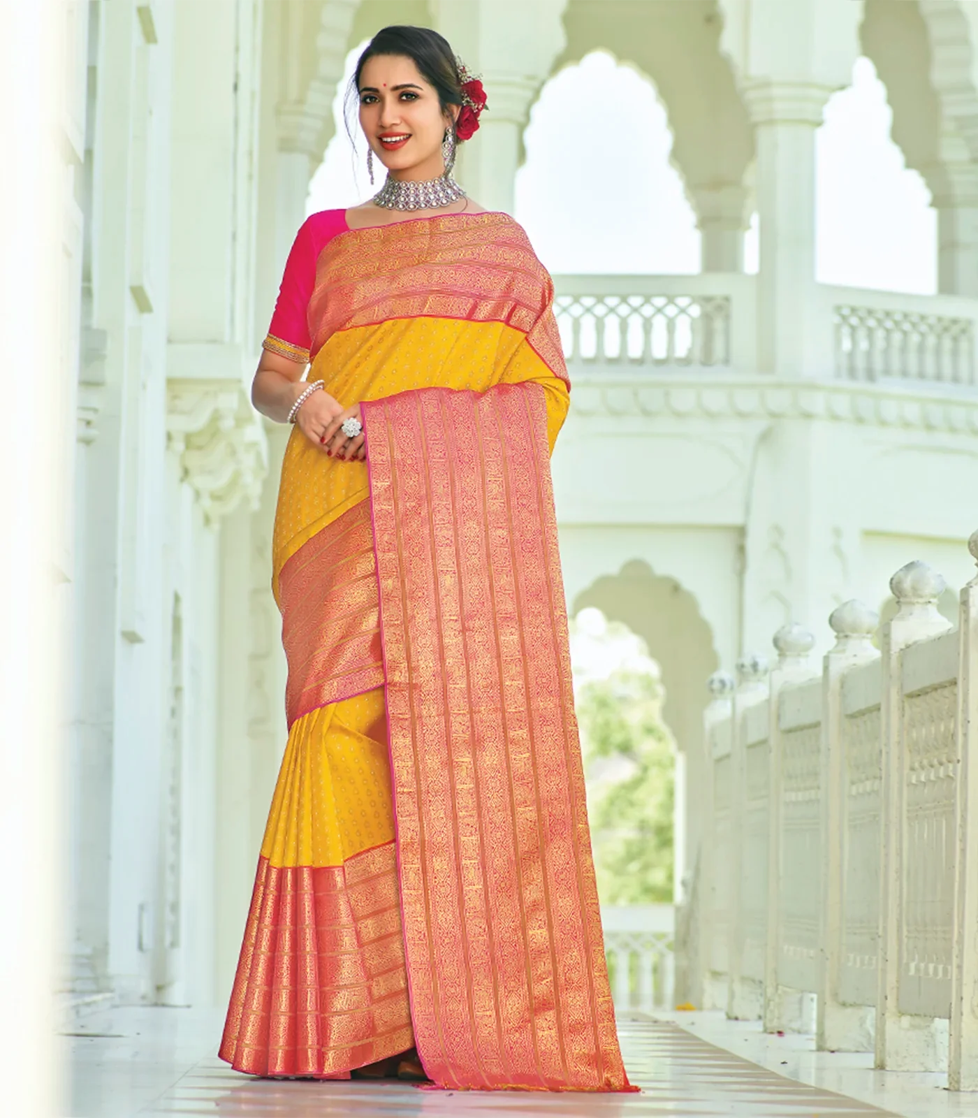 RmKV Yellow Handwoven Kanchipuram Korvai Silk Saree with flower bud, elephant & Yazhi motif’s and a pink border-Yellow