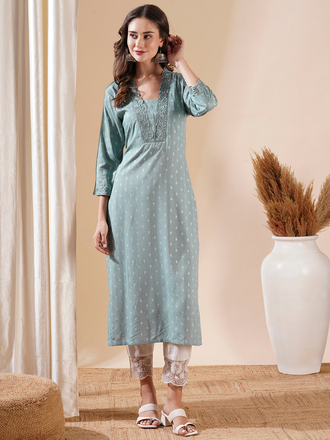 Fashor Woven Dobby Design Resham Embroidered Kurta - Powder Blue - view 3