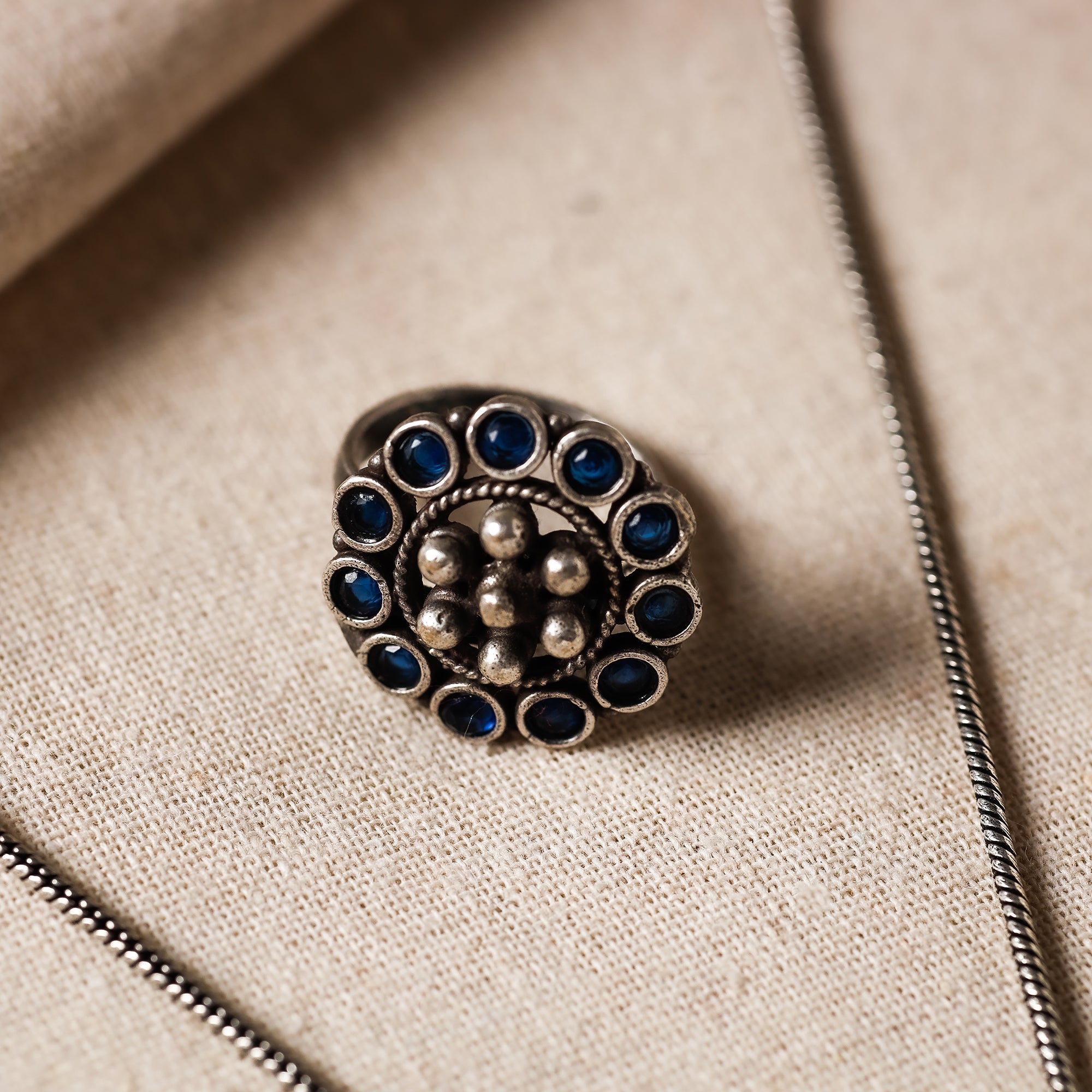 WHITE RIVER STORIES Antique Silver Finish Oxidised Brass Base Stone Work Necklace Set with Ring - view 5