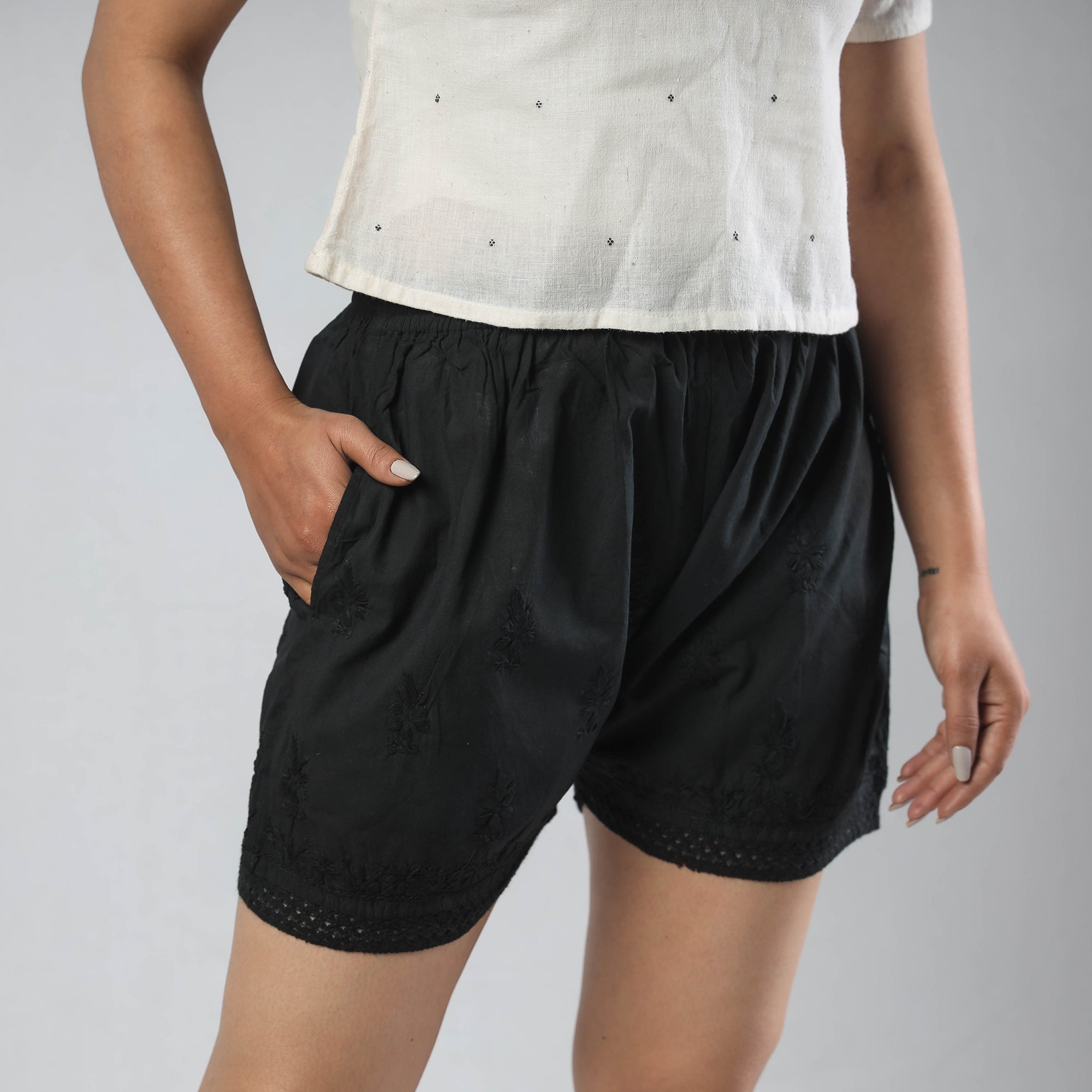 CHUTNEY CRAFT STUDIO Black - Chikankari Hand Embroidered Cotton Short