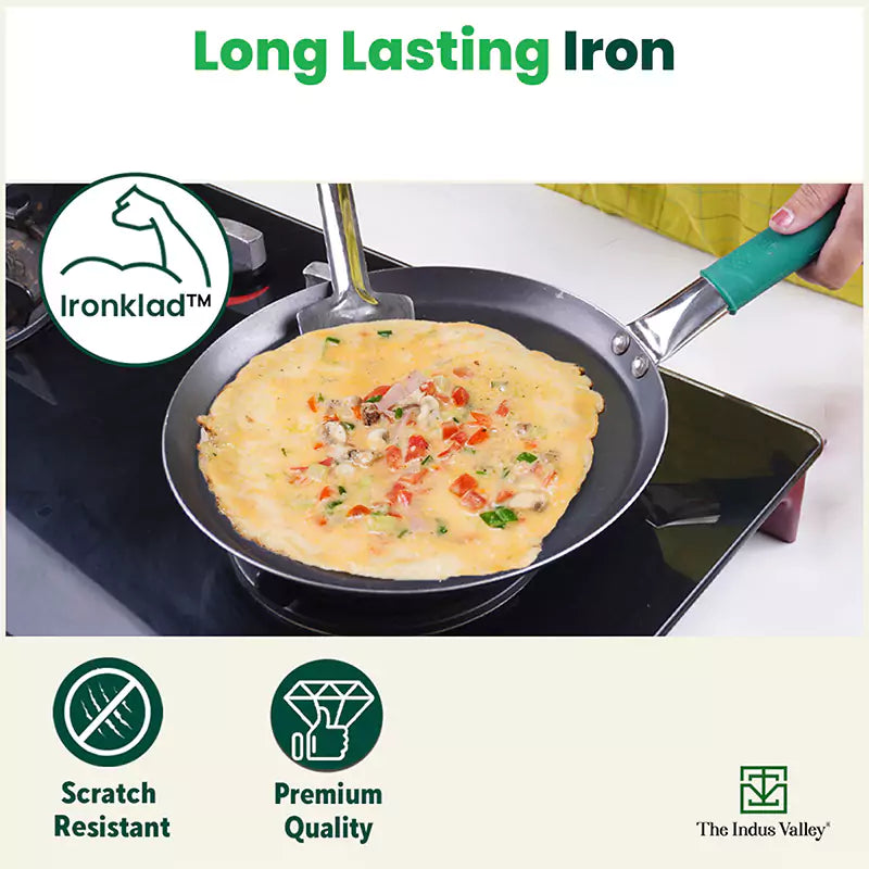 The Indus Valley 100% Pure Iron Cookware Set: Tawa 26 cm + Fry Pan 25 cm + Kadai 25 cm, Toxin-free Sheet Iron, Pre-seasoned, Kitchen Set for Home - view 3