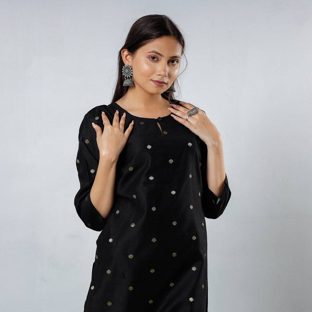 ITOKRI CASUALS Black - Polka Zari Butta Spun Dupion Silk Long Straight Kurta 04