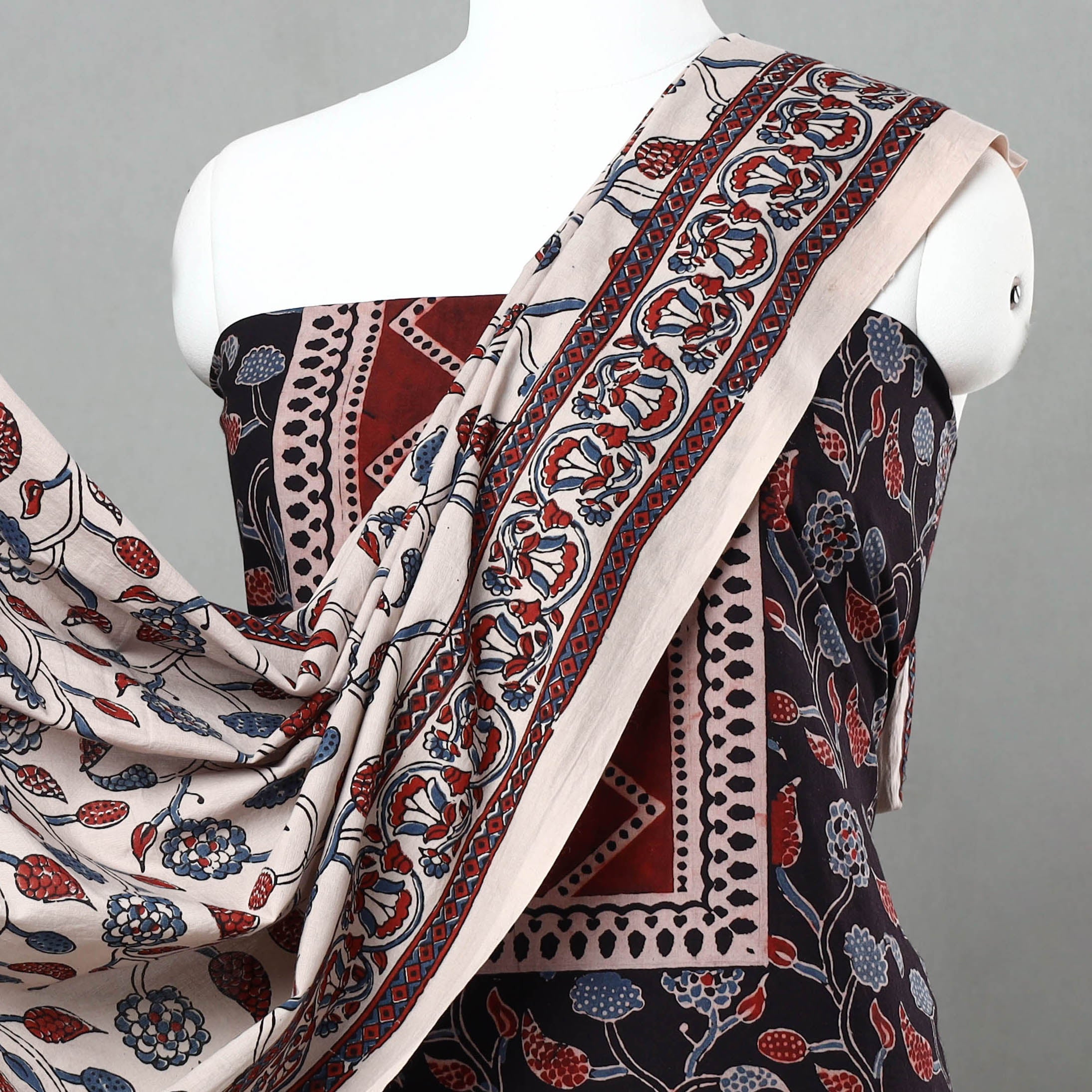 AJRAKH BY JABBAR KHATRI Black - 3pc Ajrakh Block Printed Natural Dyed Cotton Suit Material Set 12 - view 3