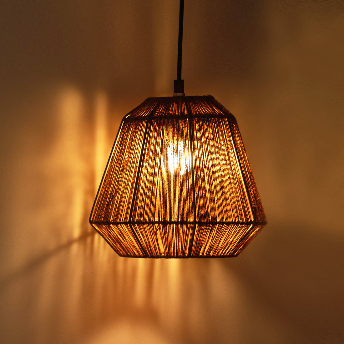 EXCLUSIVELANE 'Jute Joys' Handwoven Pyramidal Hanging Pendant Lamp In Jute & Iron (9 Inch)