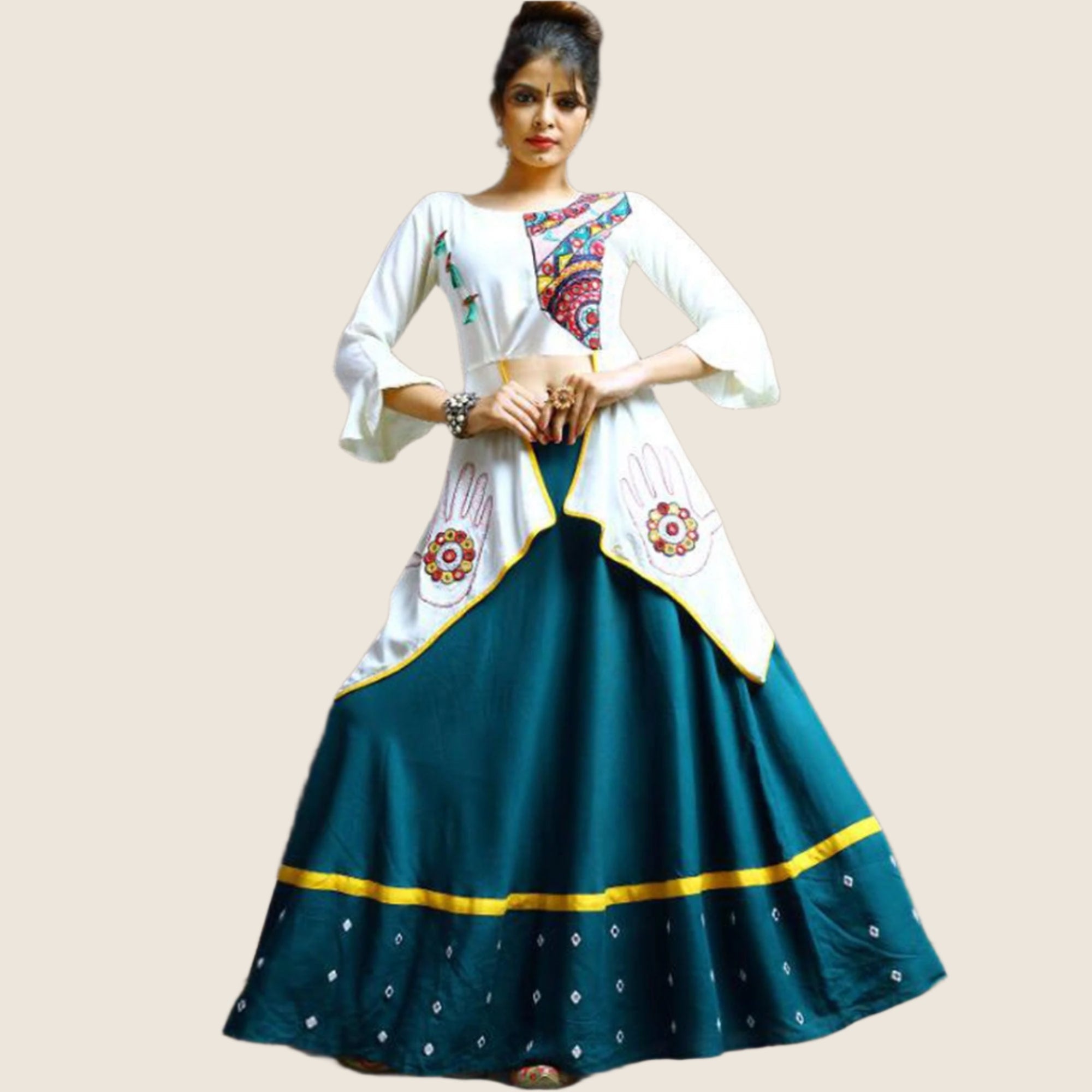 Peachmode Seller Desirable Teal Blue-White Colored Party Wear Embroidered Rayon Lehenga