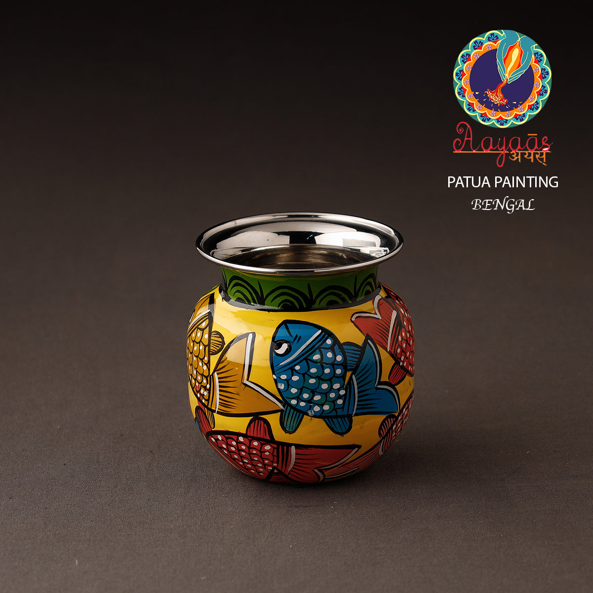 AAYAAS Bengal Patua Handpainted Stainless Steel Lota / Kalash / Container