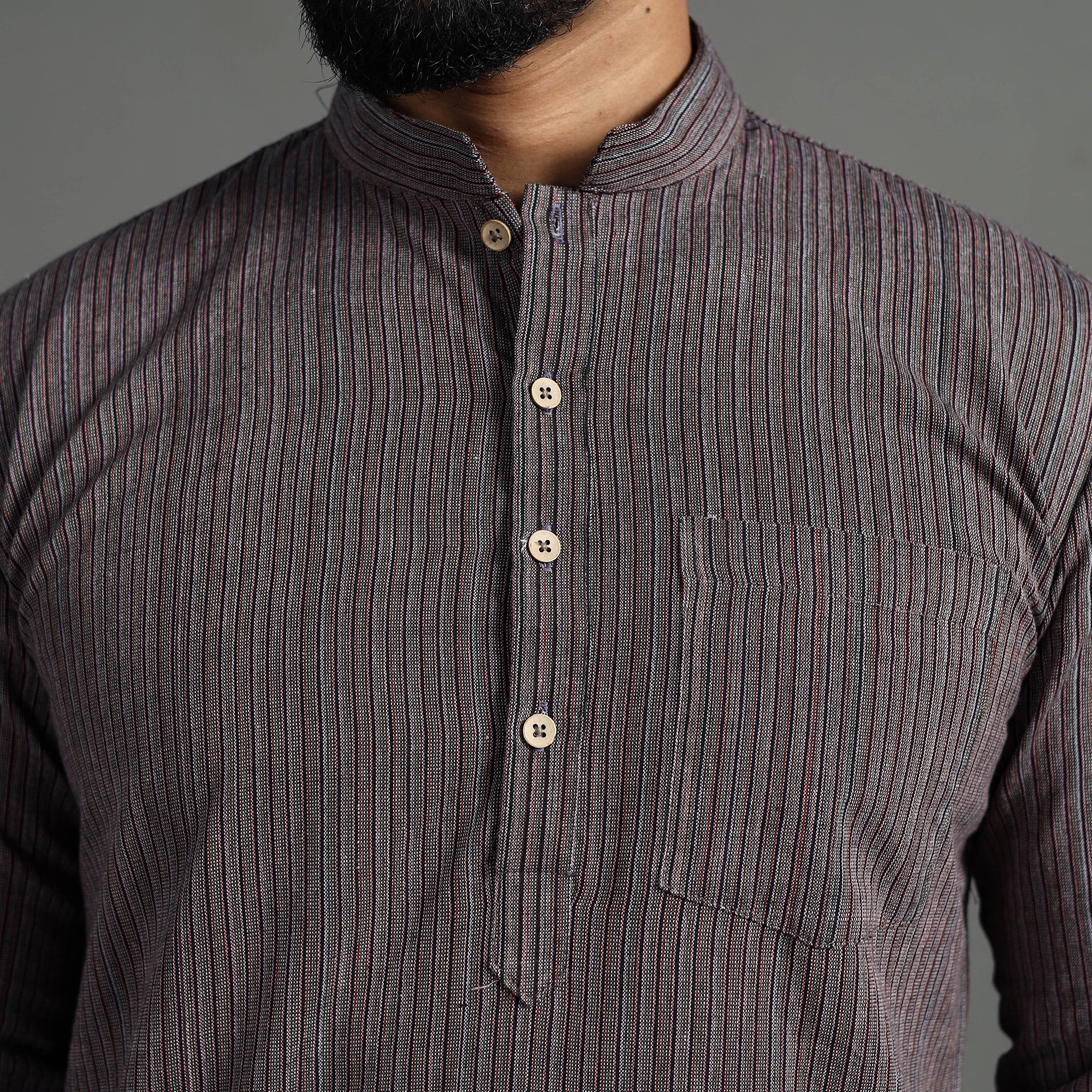 ITOKRI CASUALS Brown - Handloom Cotton Stripe Men Short Kurta - view 6