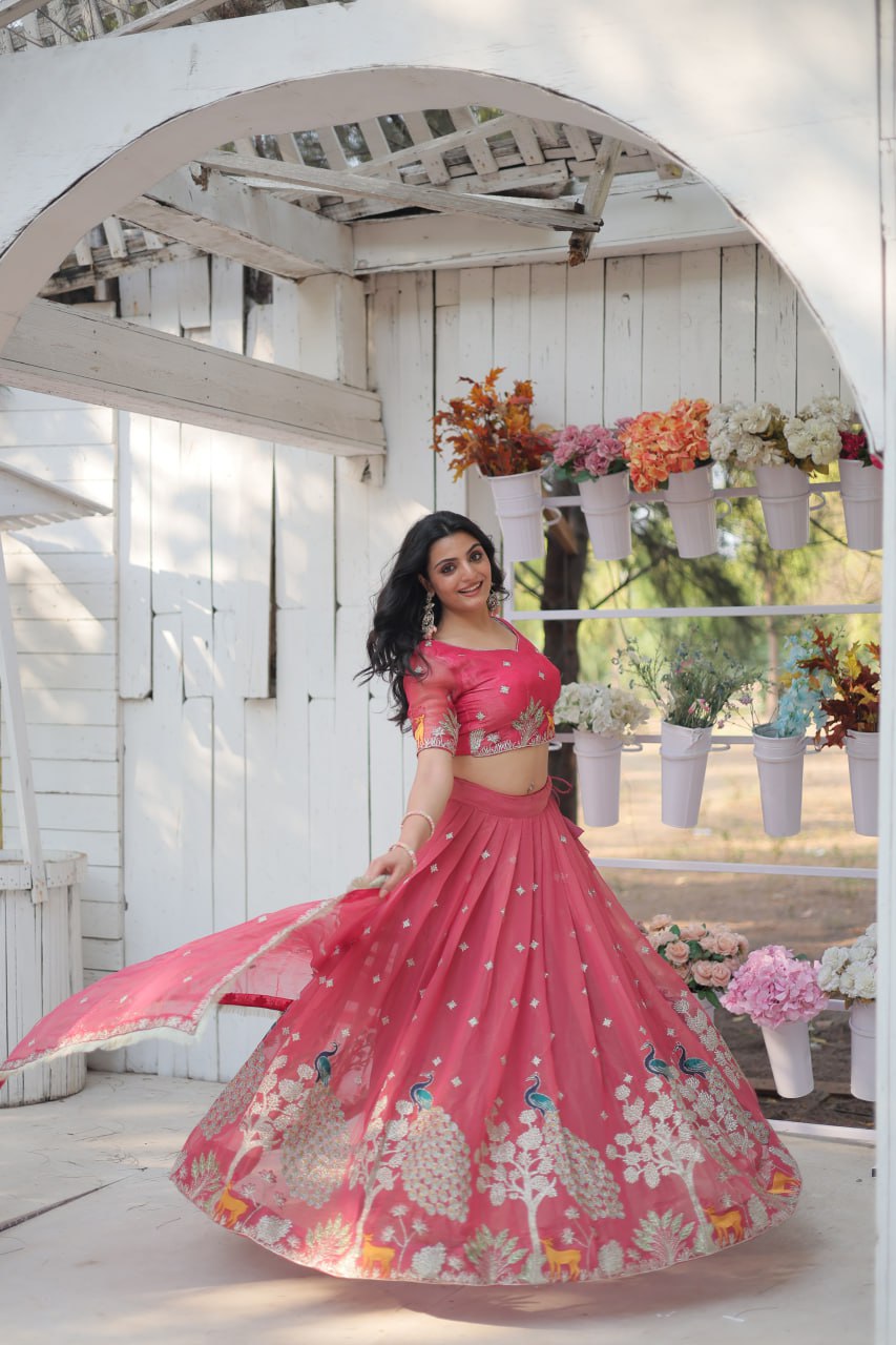 ClothsVilla Pink Elegant Gold Coin Lehenga Choli with Sequins & Thread Embroidery