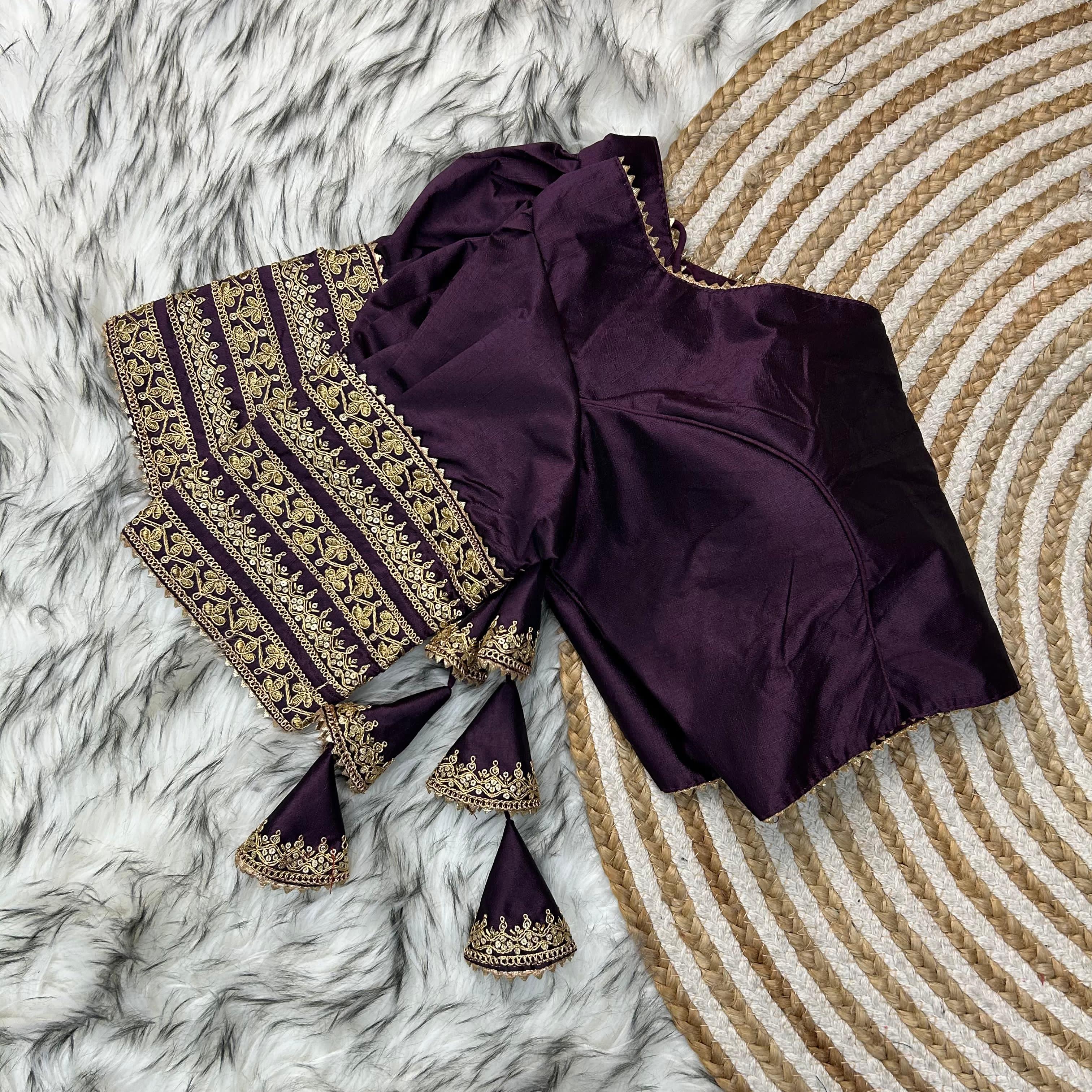 ClothsVilla Dark Purple Kilmora Silk Blouse with Handcrafted Embroidery and Sequence Accents