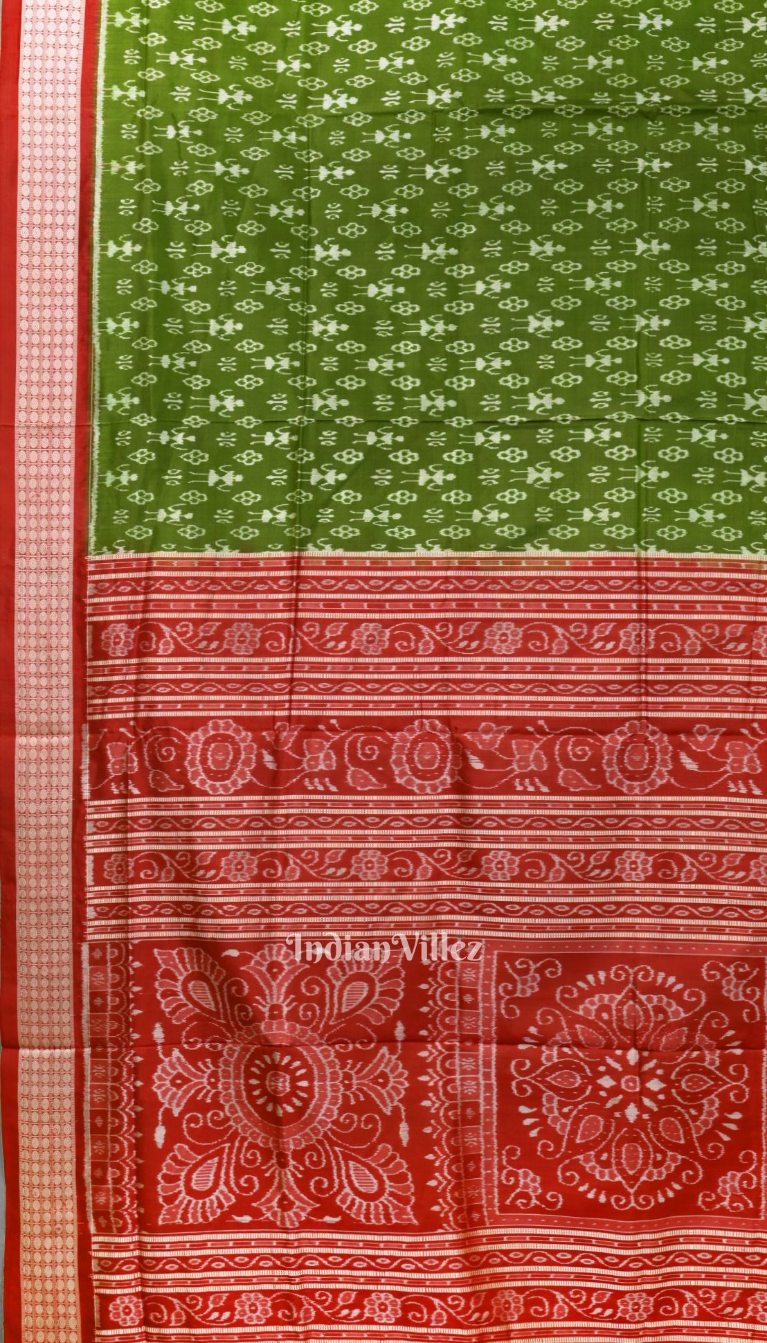 IndianVillèz Dark Green With Red Anchal Tribal Theme Sambalpuri Silk Saree - view 3