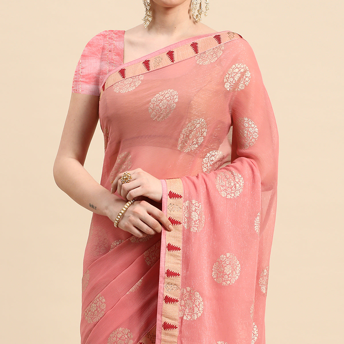 Peachmode Light Pink Foil Printed With Swarovski Chiffon Saree - view 3