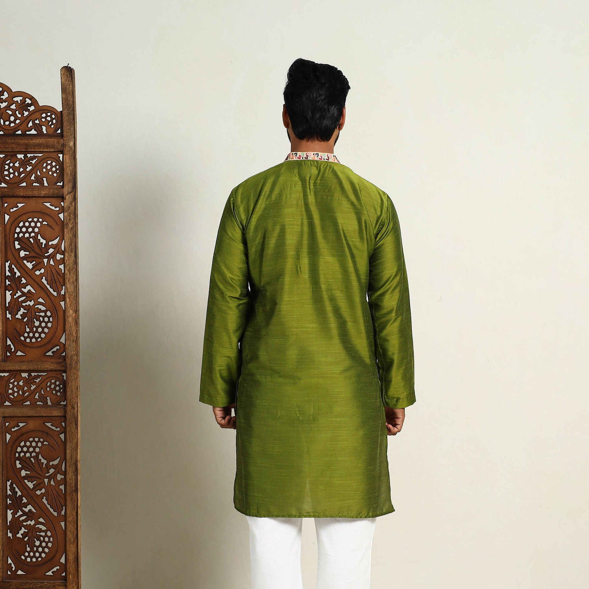 ITOKRI CASUALS Avacado Green - Slub Silk Kurta for Men with Detailed Neckline Work 11 - view 5