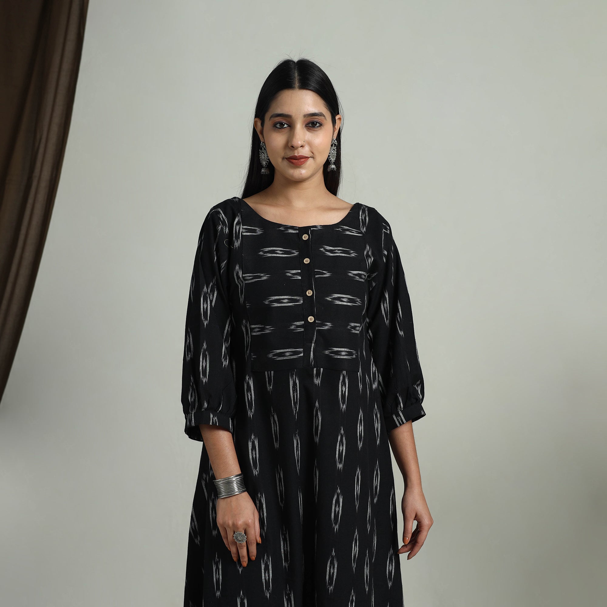 ITOKRI CASUALS Black - Flared Cotton Pochampally Ikat Dress 12