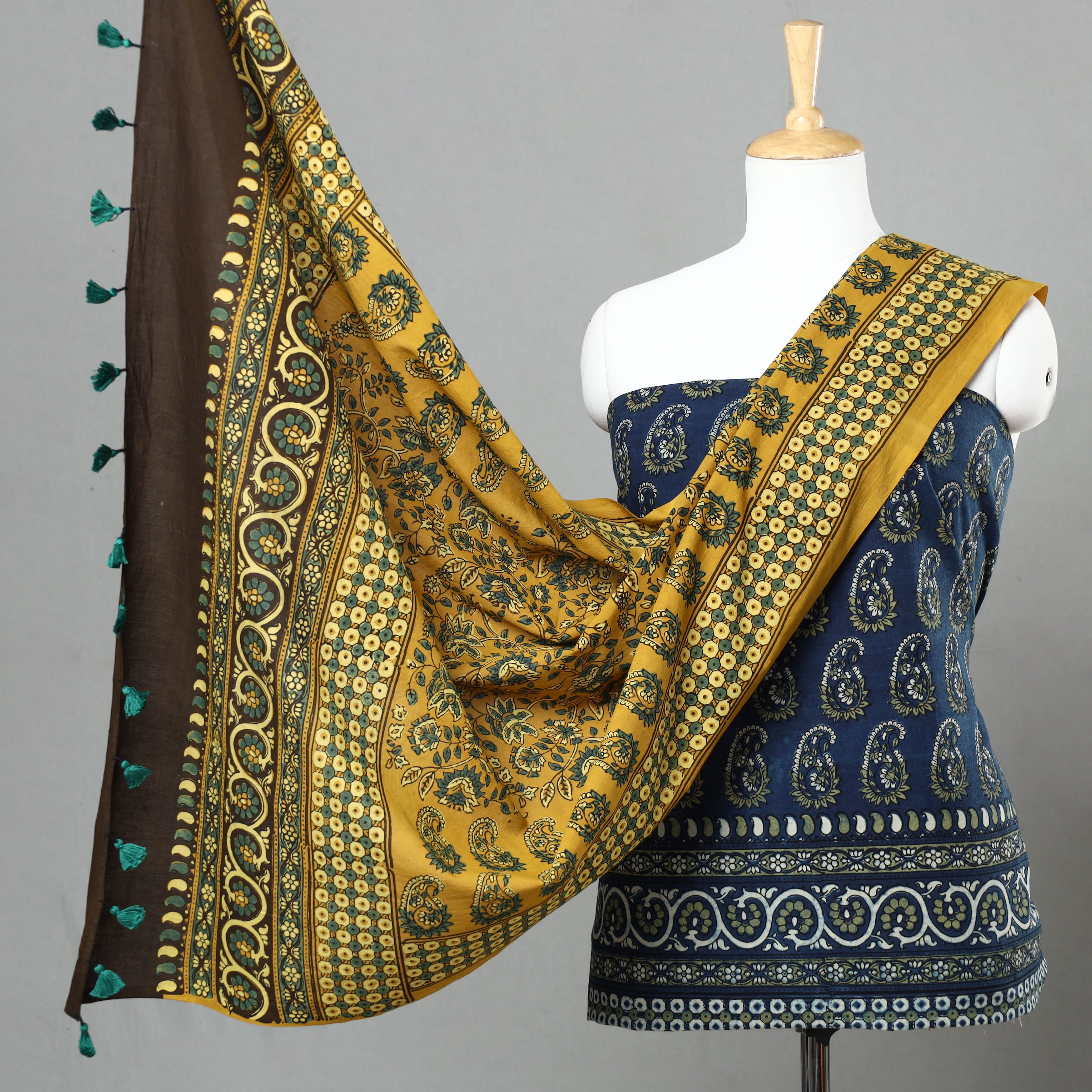 AJRAKH BY JABBAR KHATRI Blue - 3pc Ajrakh Block Printed Natural Dyed Cotton Suit Material Set 08