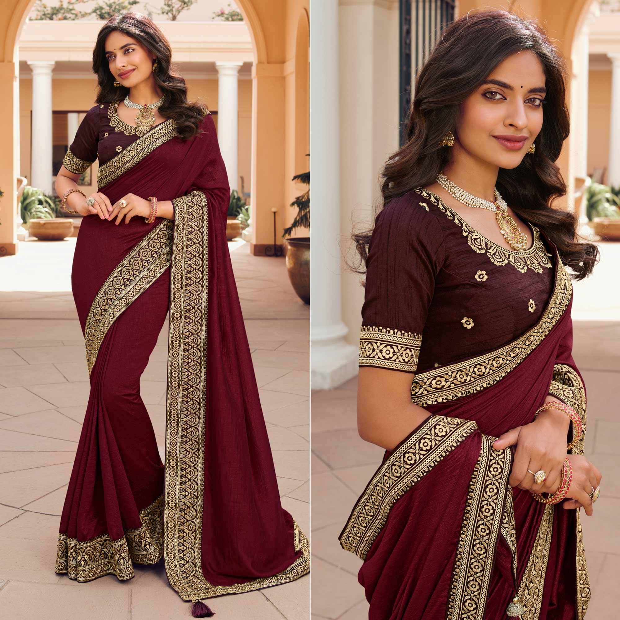 Peachmode Maroon Solid Vichitra Silk Saree With Tassels