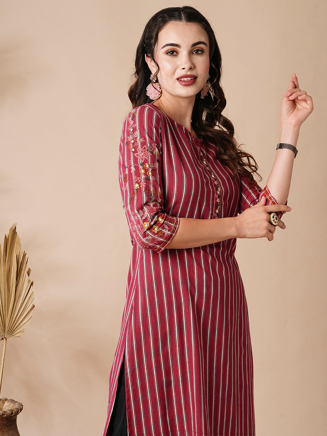 Fashor Stripes Printed Resham & Beads Embroidered Kurta - Magenta