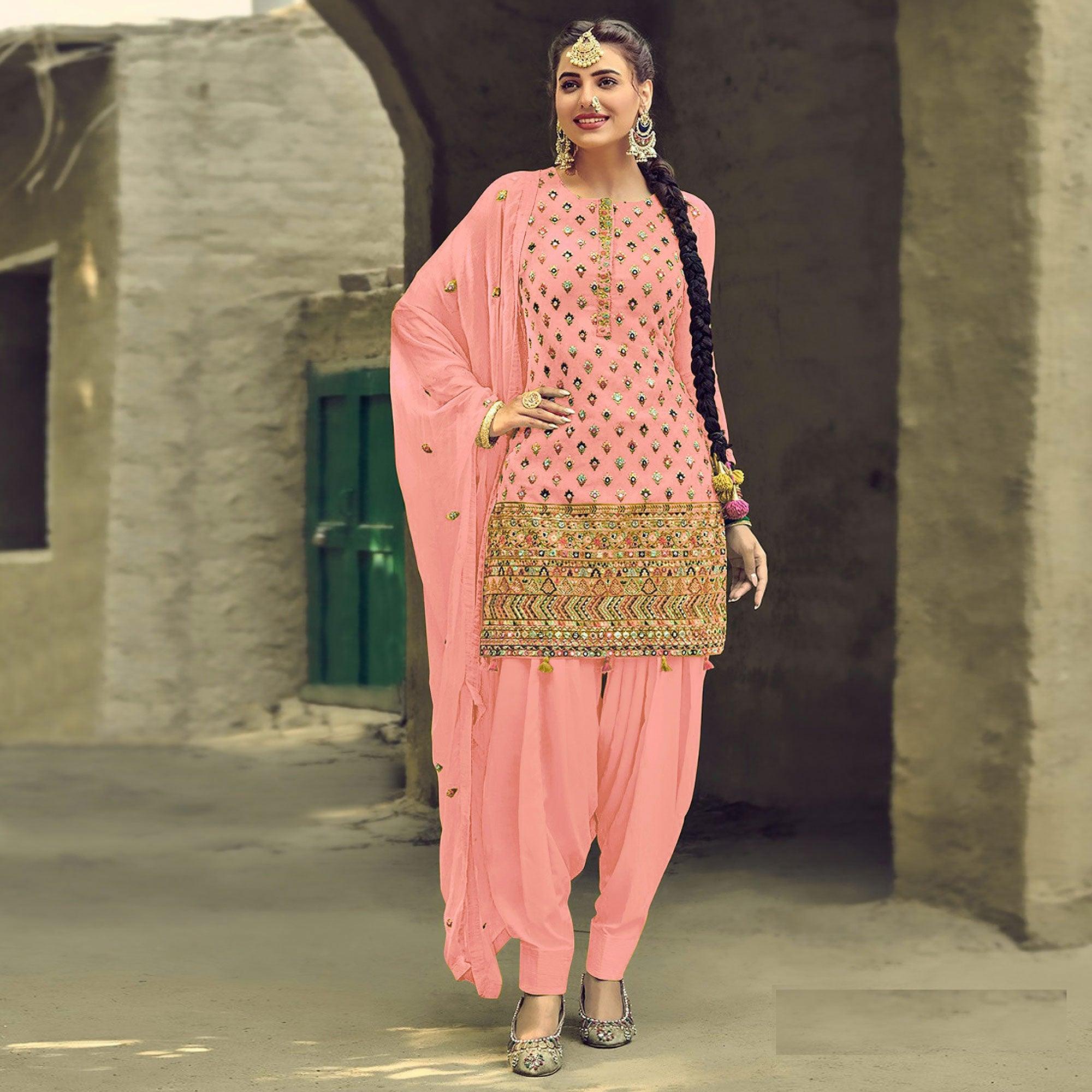 Peachmode Festive Wear Light Pink Sequins Embroidery Work Faux Georgette Patiala Suit