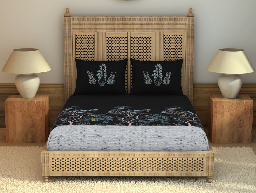 Spaces India Gara Floral Dark Grey 100% Cotton King Size Bedsheet - Rangana by Spaces