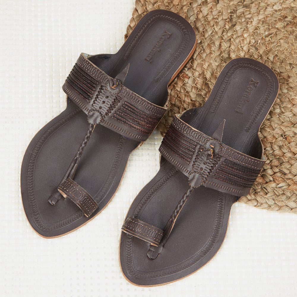 KORAKARI Brown Handstitched Leather Kolhapuri Women Slipper