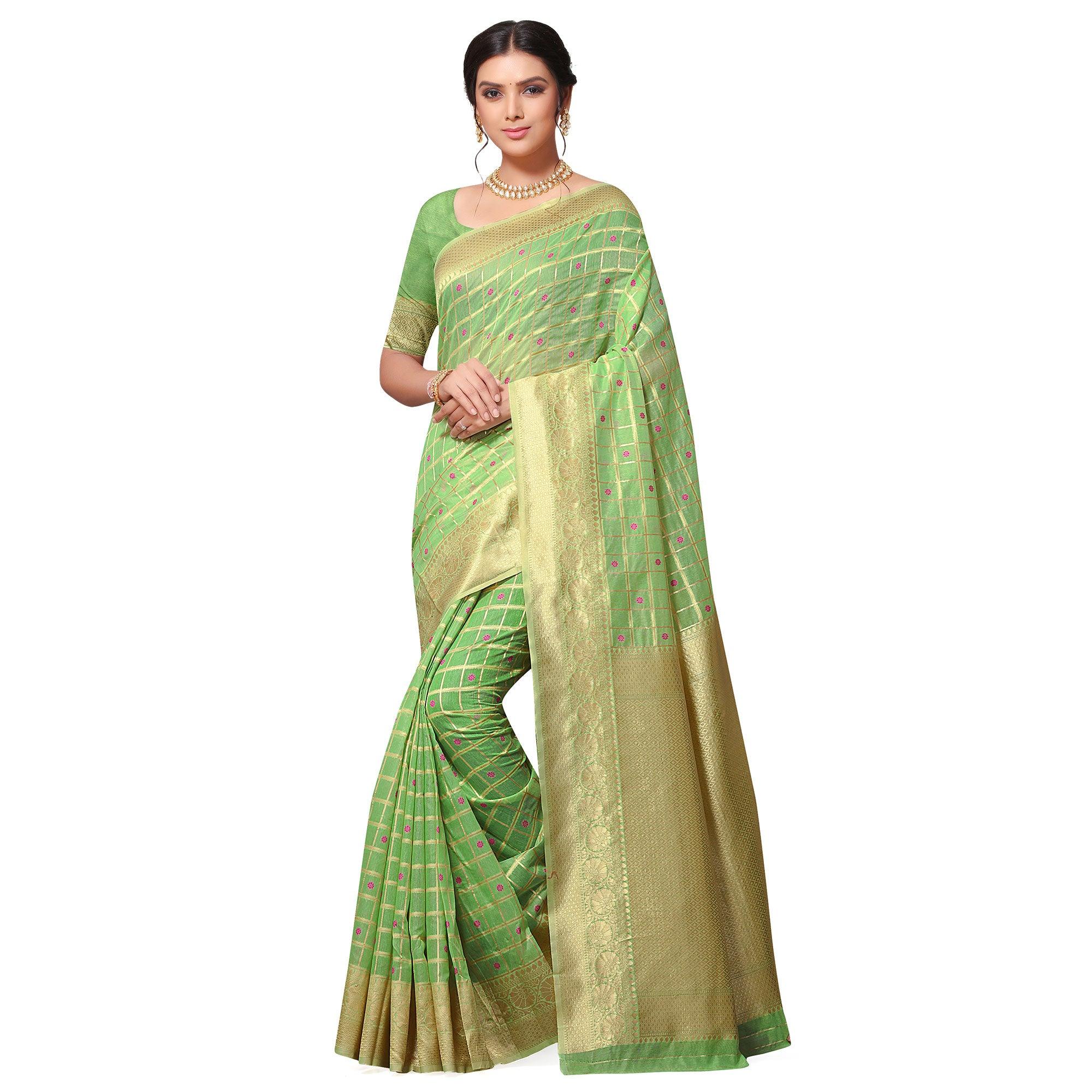 Peachmode Innovative Green Colored Festive Wear Woven Cotton-Art Silk Saree