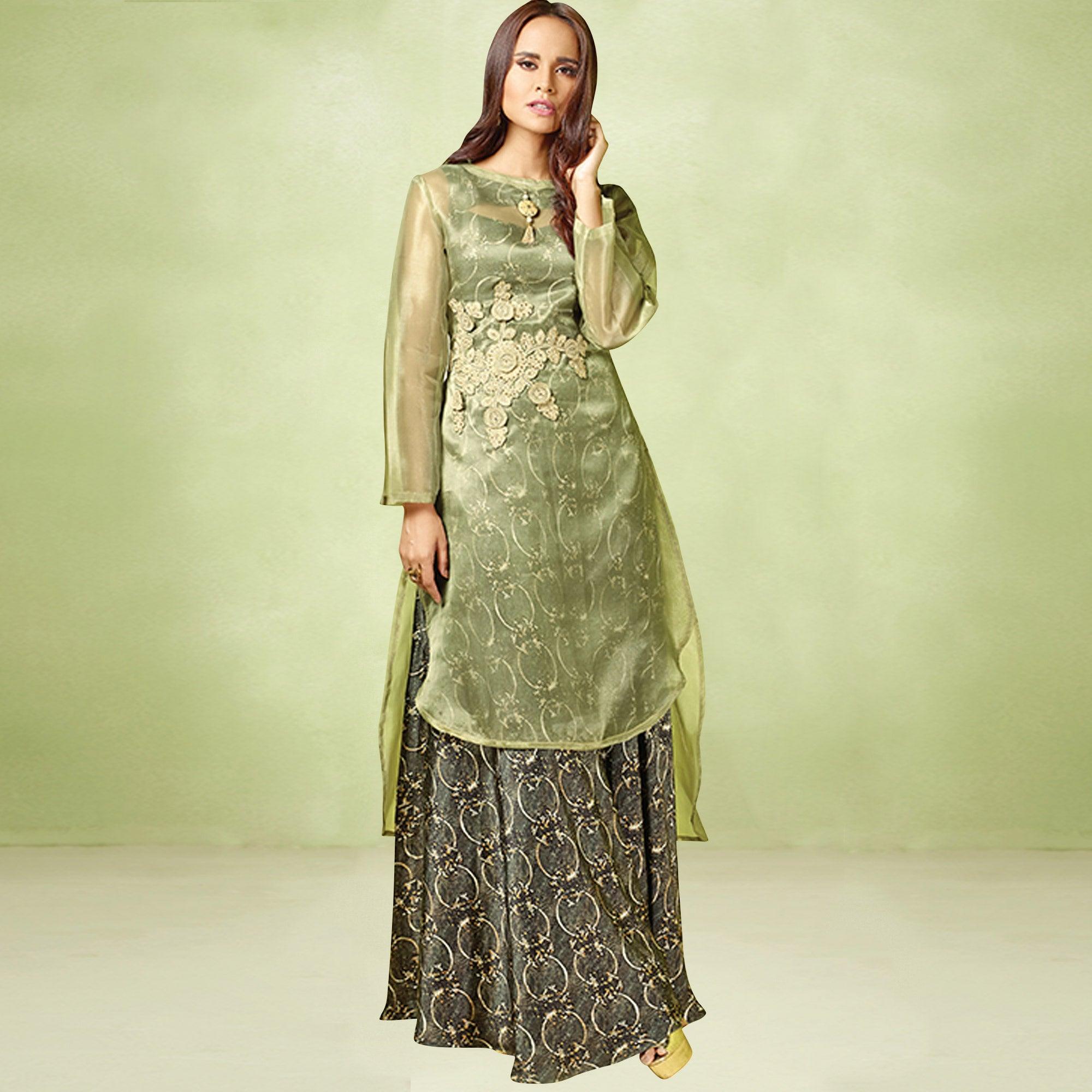 Peachmode Dark Gray-Green Printed Satin Gown - view 4
