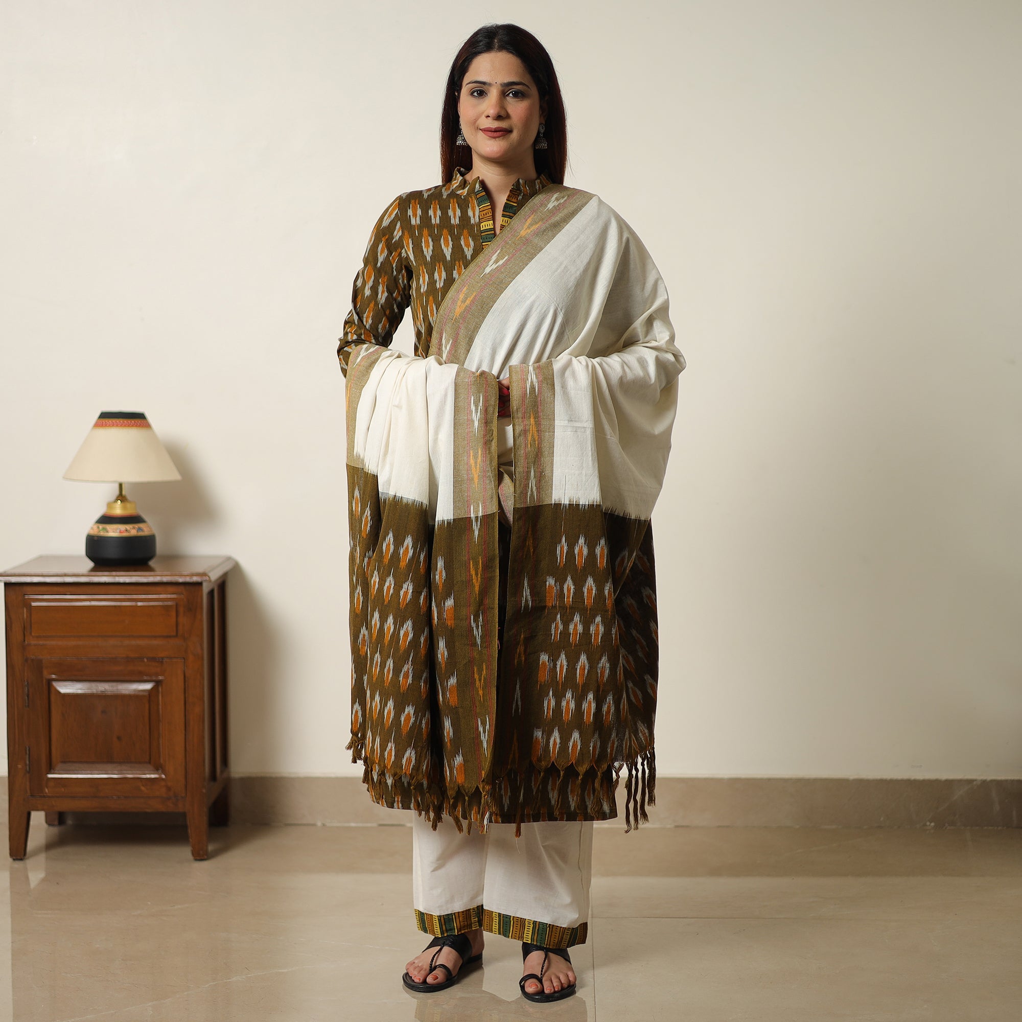 ITOKRI CASUALS Brown - Pochampally Ikat Weave Cotton Kurta with Palazzo & Dupatta Set 08 - view 2