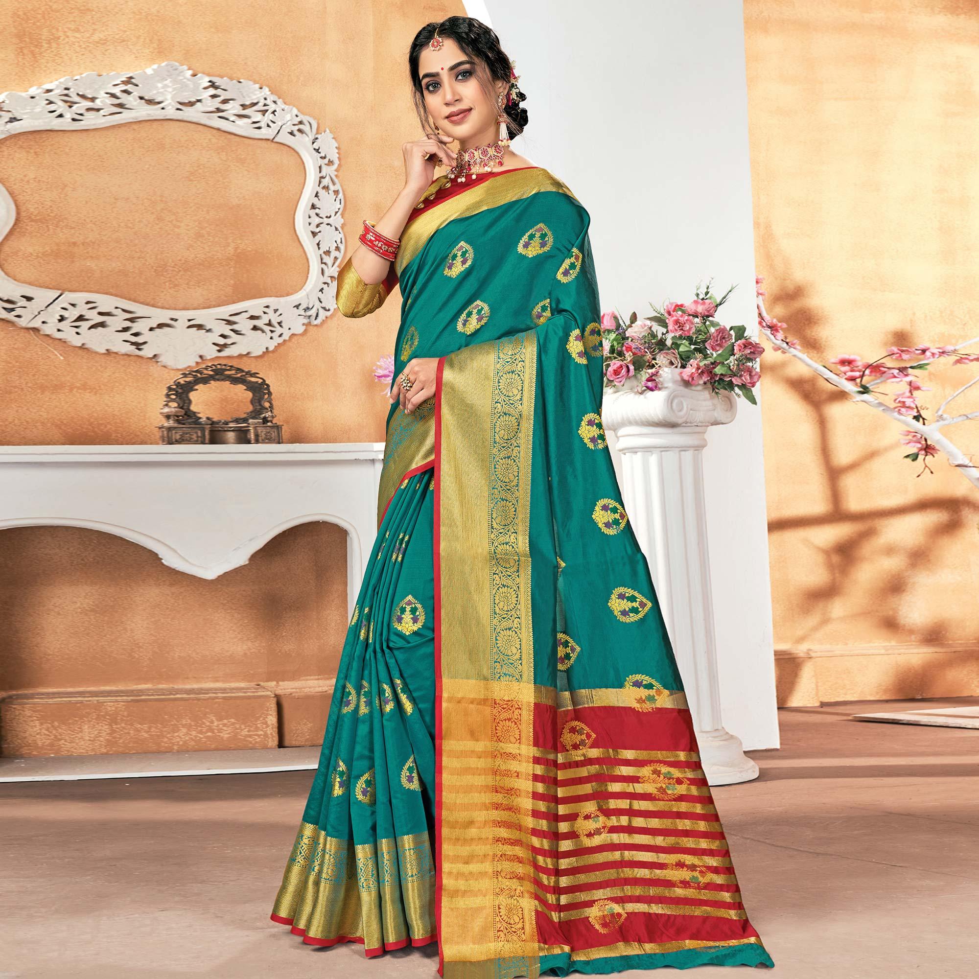 Peachmode Fantastic Turquoise Blue Colored Festive Wear Woven Silk Saree