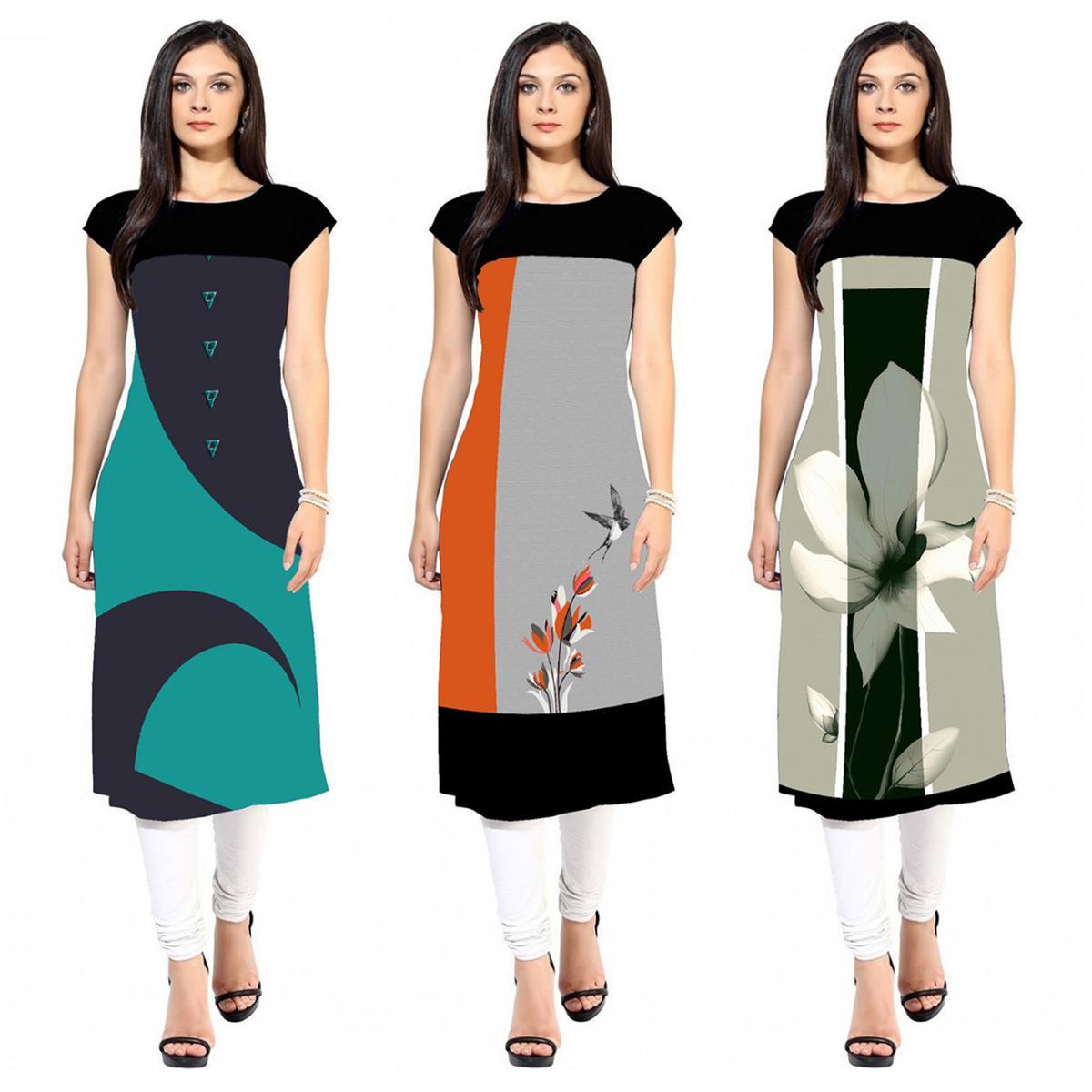 Peachmode Seller Casual Printed Crepe Kurti - Pack of 3