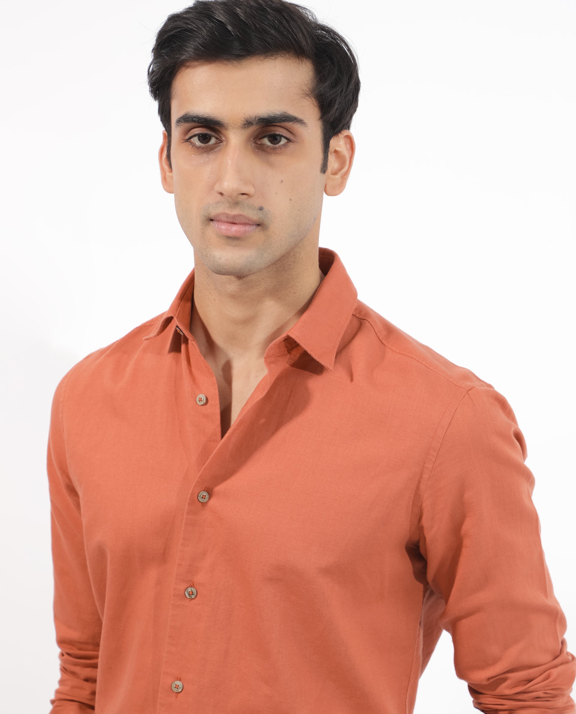 Rare Rabbit Men's Linux Orange Cotton Linen Fabric Full Sleeves Regular Fit Solid Shirt - view 5