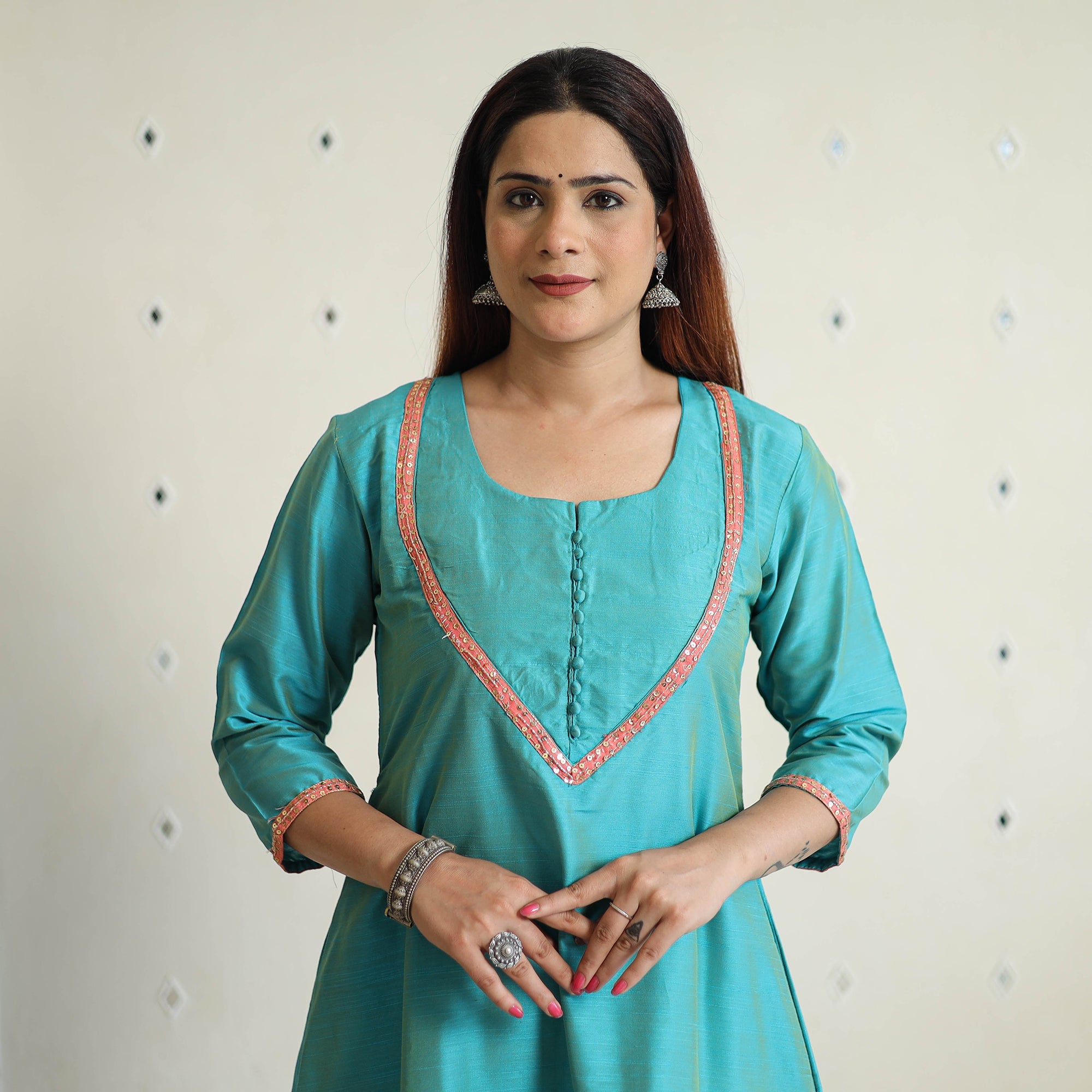 ITOKRI CASUALS Aqua Blue - Plain Solid Slub Silk A-Line Kurta with Beadwork Hand Embroidery Lace 13
