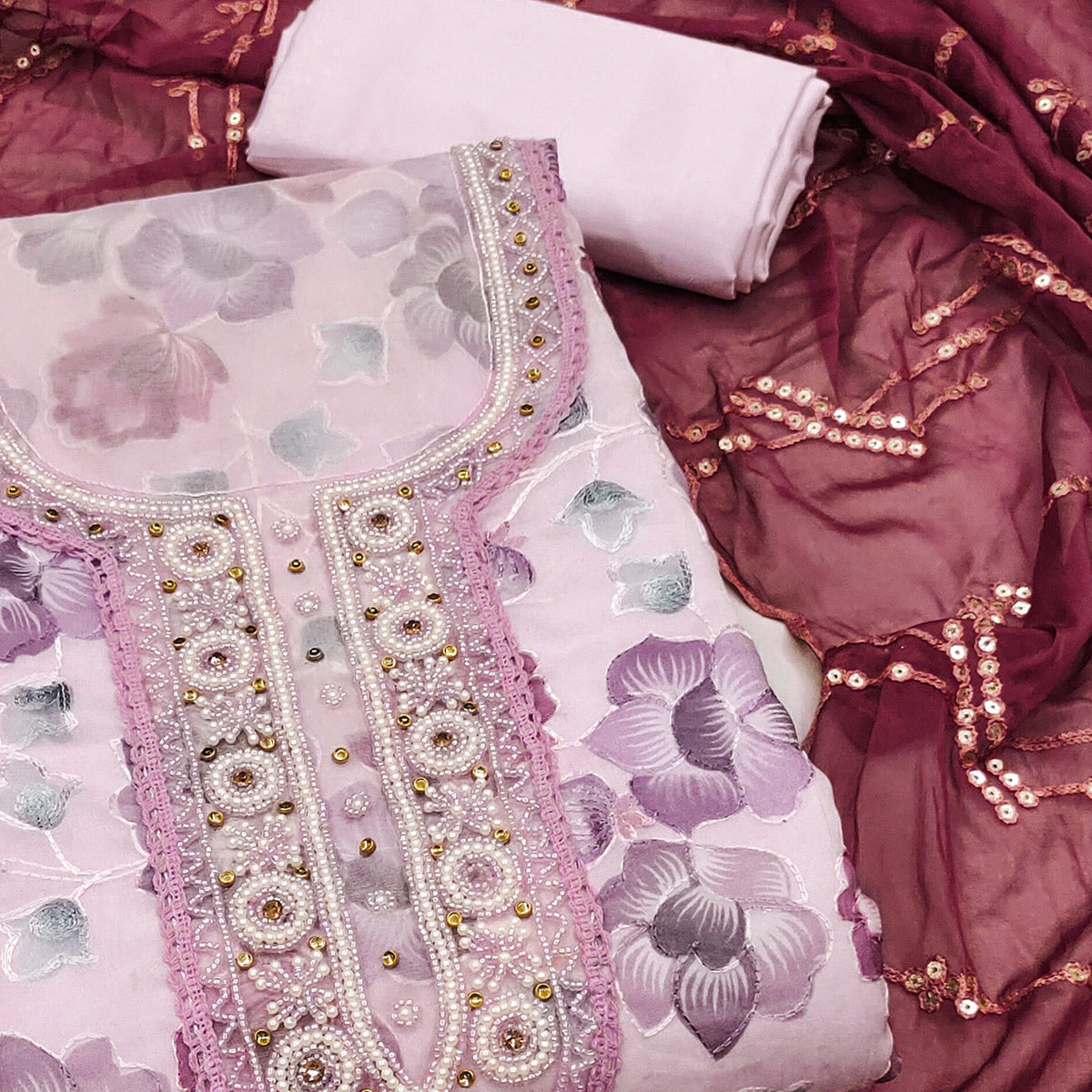 Peachmode Light Pink Hand Embroidery With Digital Printed Organza Dress Material - view 2