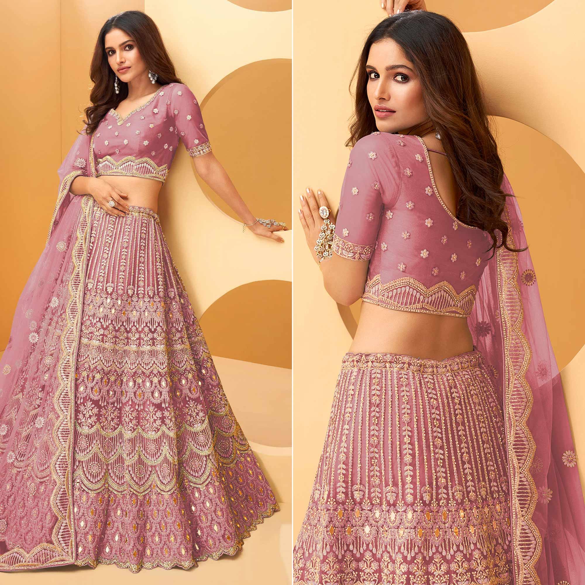 Peachmode Lavender Party Wear Embroidered Net Lehenga Choli