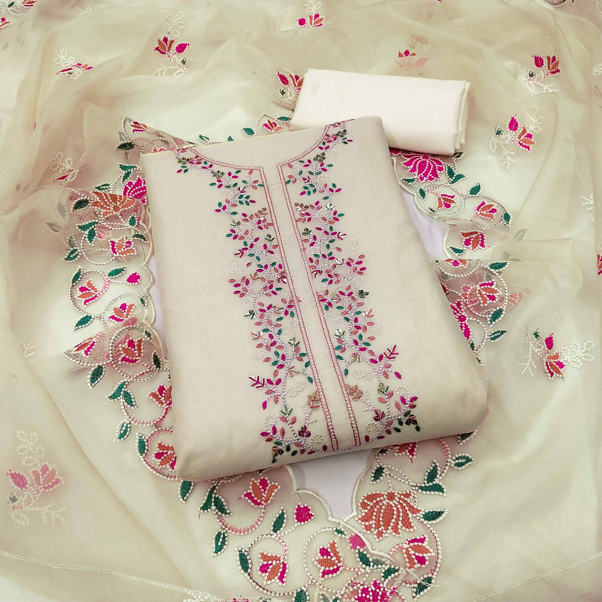 Peachmode Cream Floral Embroidered Chanderi Dress Material - view 3