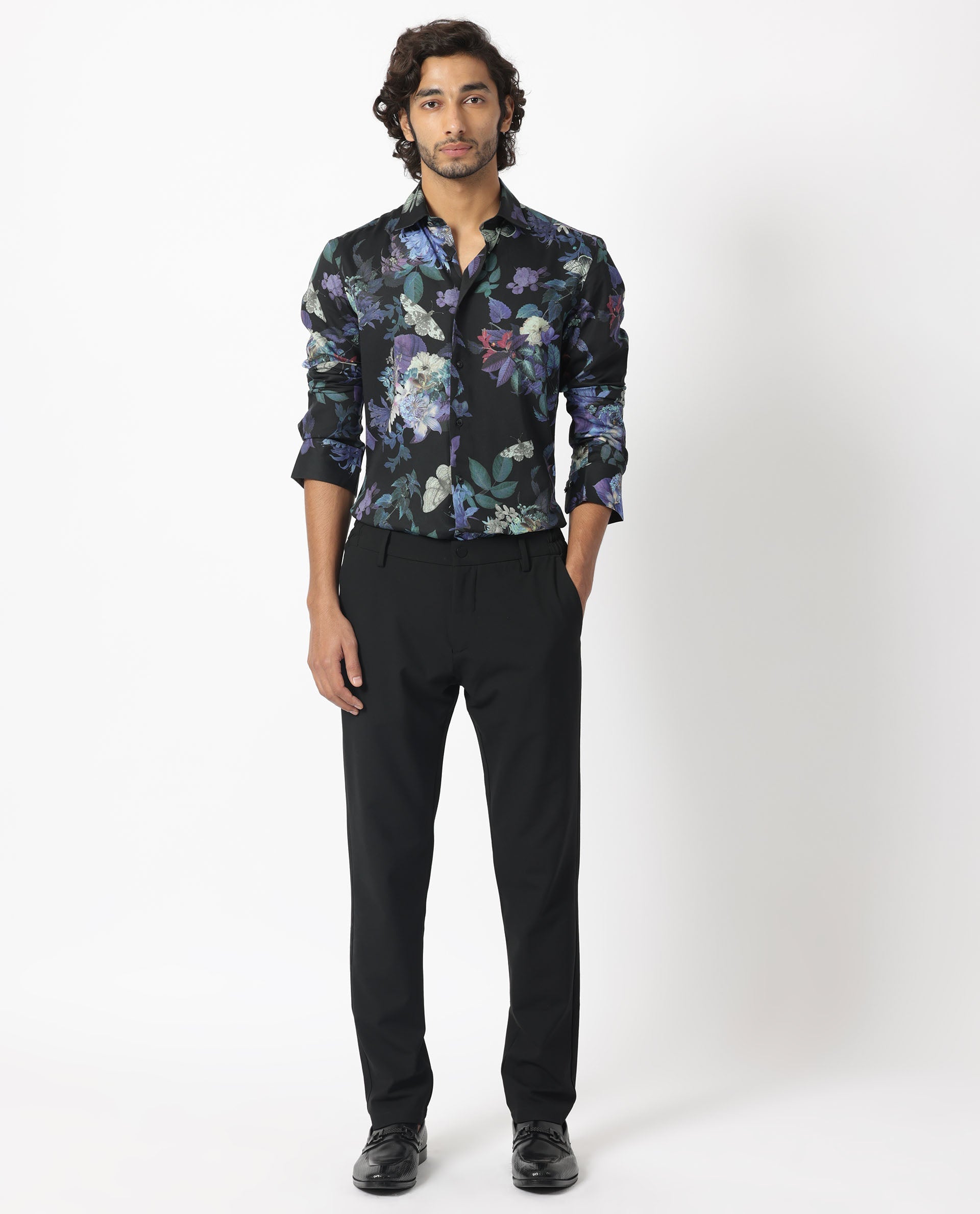 Rare Rabbit Men's Ease Black Cotton Modal Fabric Floral Print Full Sleeves Shirt - view 4