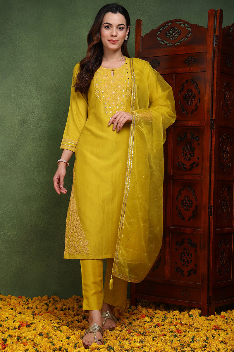 Ahika Mustard Yellow Silk Blend Solid Yoke Design Straight Suit Set PKSKD2501YLW - view 2