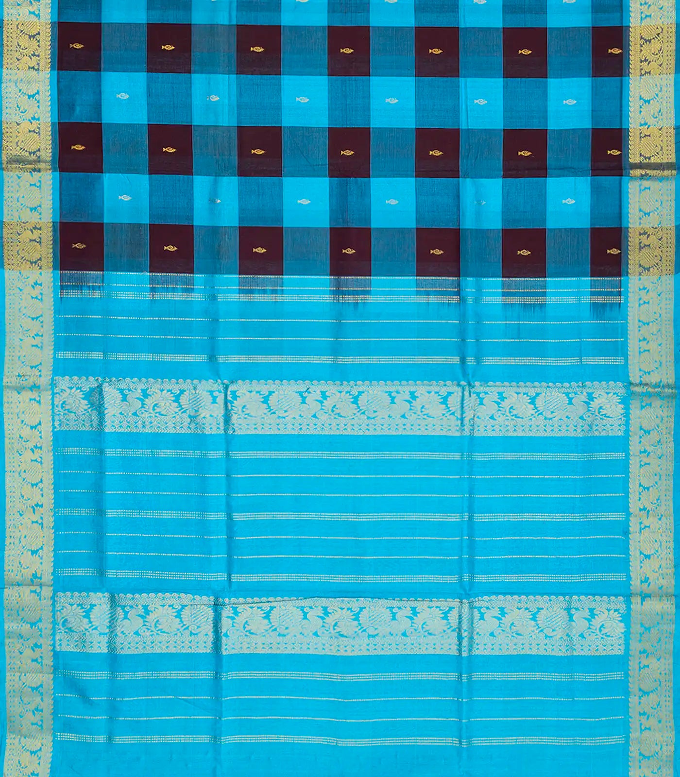 RmKV Cyan Handloom Silk Cotton Saree With Checks & Buttas-Cyan - view 2