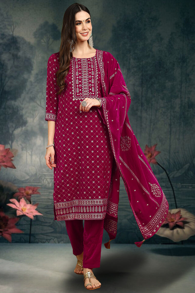 Ahika Pink Velvet Ethnic Motifs Printed Straight Suit Set PKSKD2766