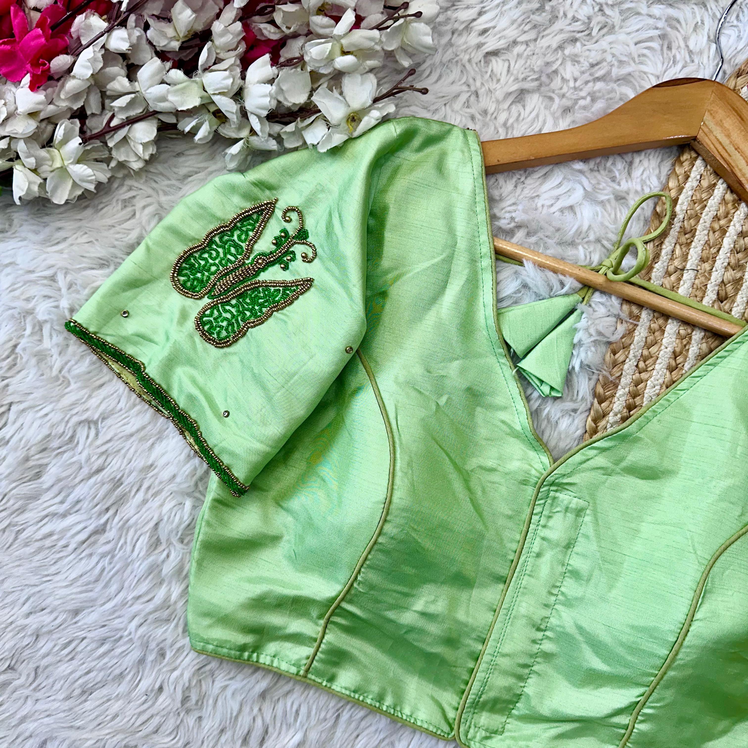 ClothsVilla Pista Green Color Handcrafted Wedding Blouse Collection in Mayo Silk - view 2