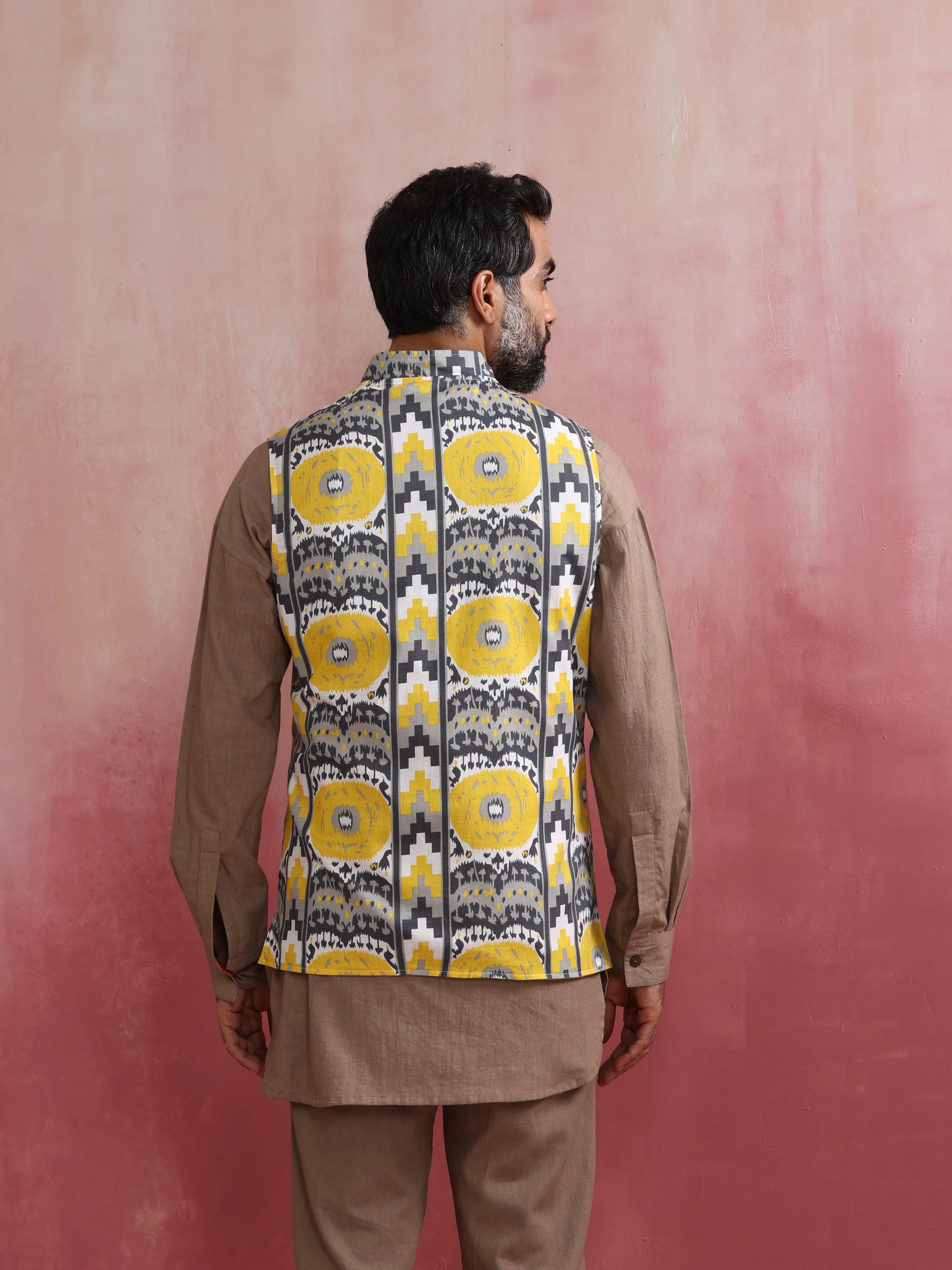 trueBrowns Men's Beige Ikat Reversible Nehru Jacket - view 7