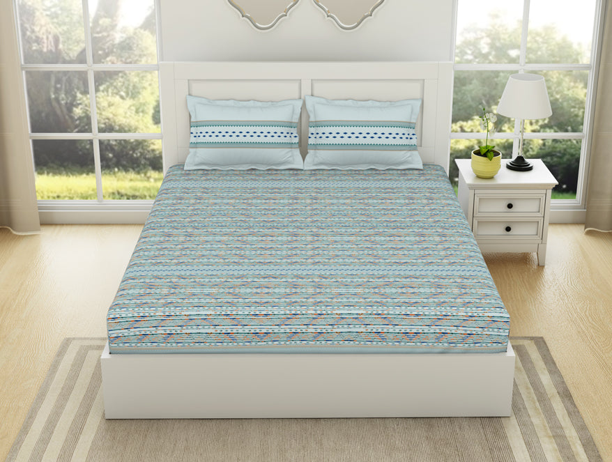 Spaces India Geometric Iced Aqua - Light Blue 100% Cotton King Fitted Sheet - Gypsy By Spaces