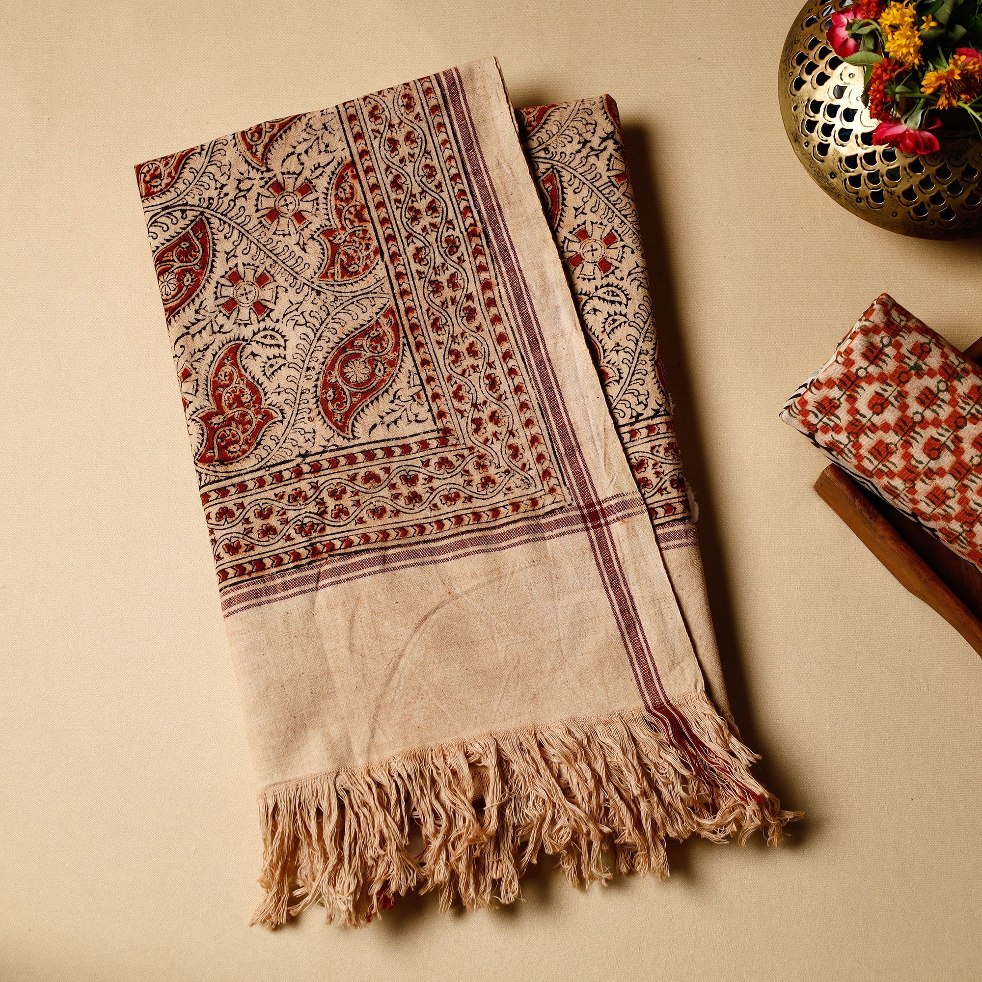PITCHUKA SRINIVAS KALAMKARI PEDANA Beige - Pedana Kalamkari Block Printed Handloom Cotton Towel
