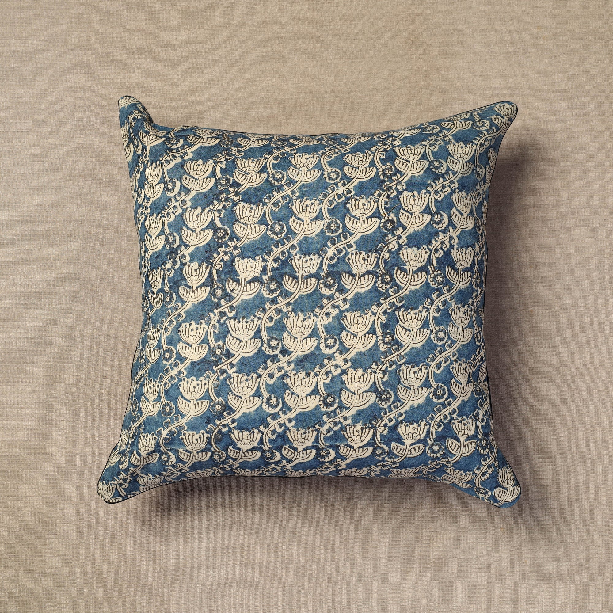 NOORI BAZAR Blue - Block Print Cotton Kalamkari Cushion Cover (16 x 16 in) 16