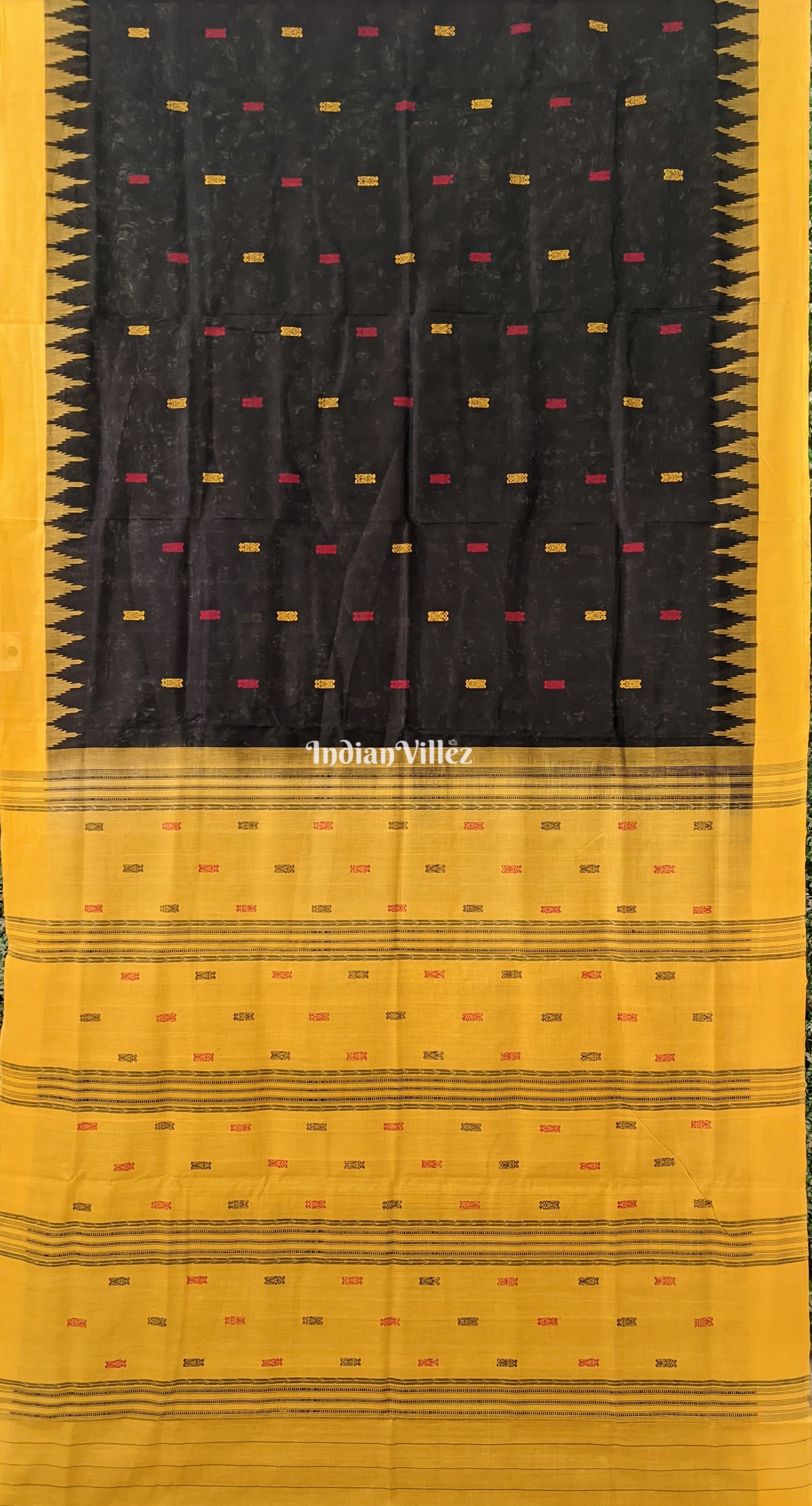 IndianVillèz Black Sambalpuri Cotton Tissue Bomkai Saree With Fish Motif