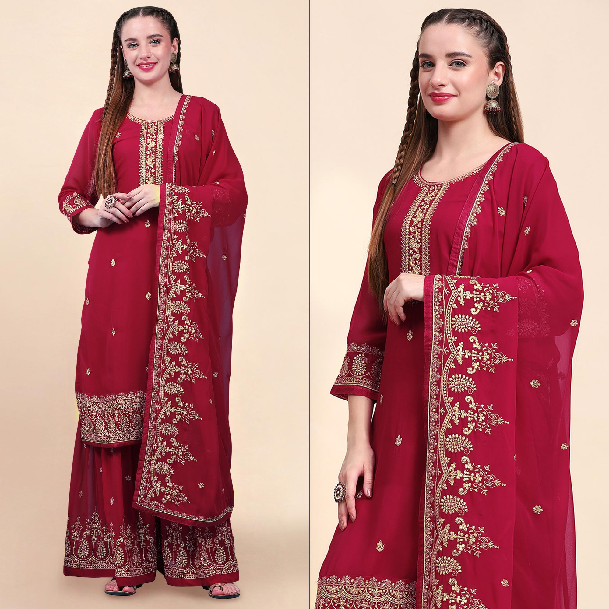 Peachmode Maroon Floral Embroidered Georgette Semi Stitched Suit