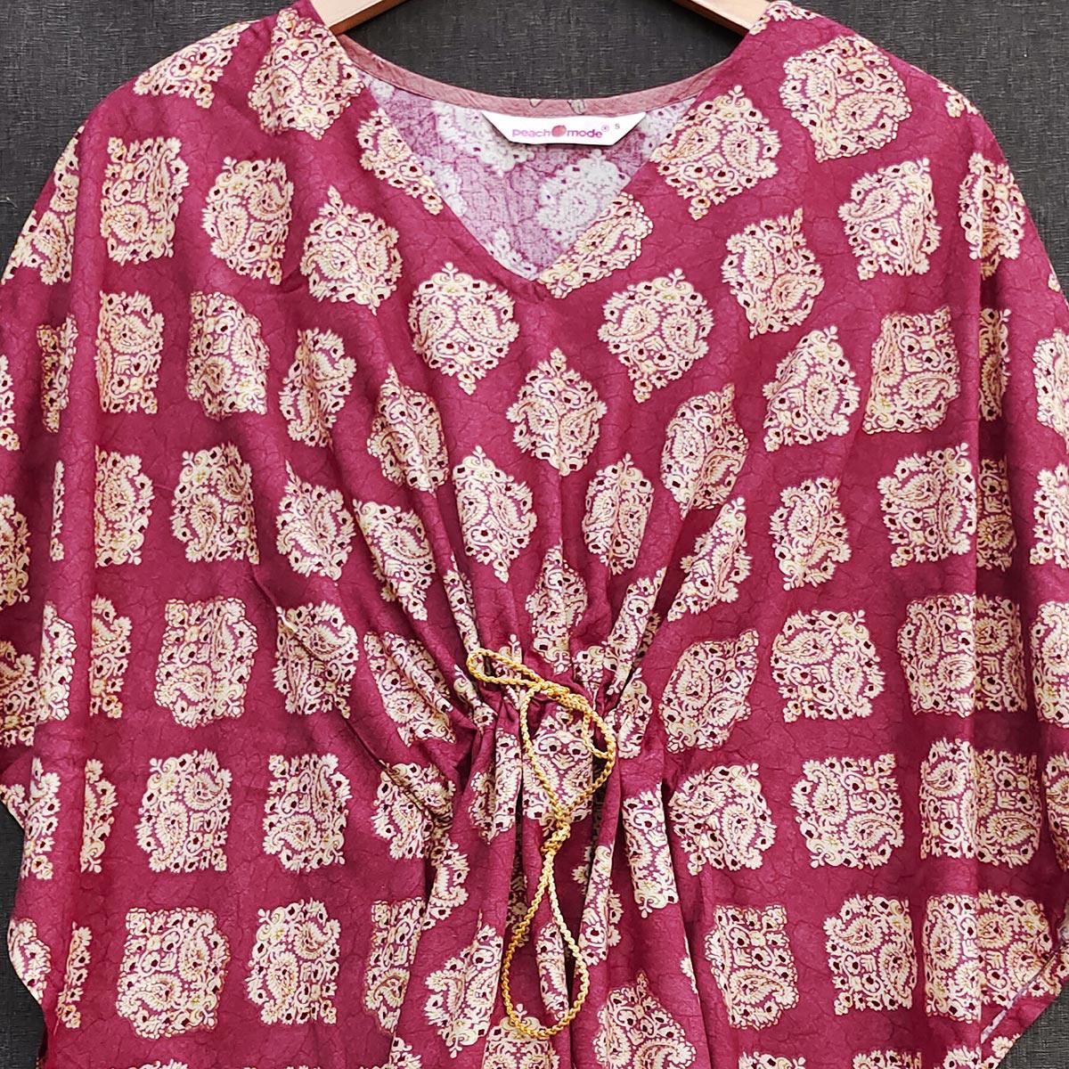 Peachmode Maroon Foil Printed Rayon Kaftan Top - view 2