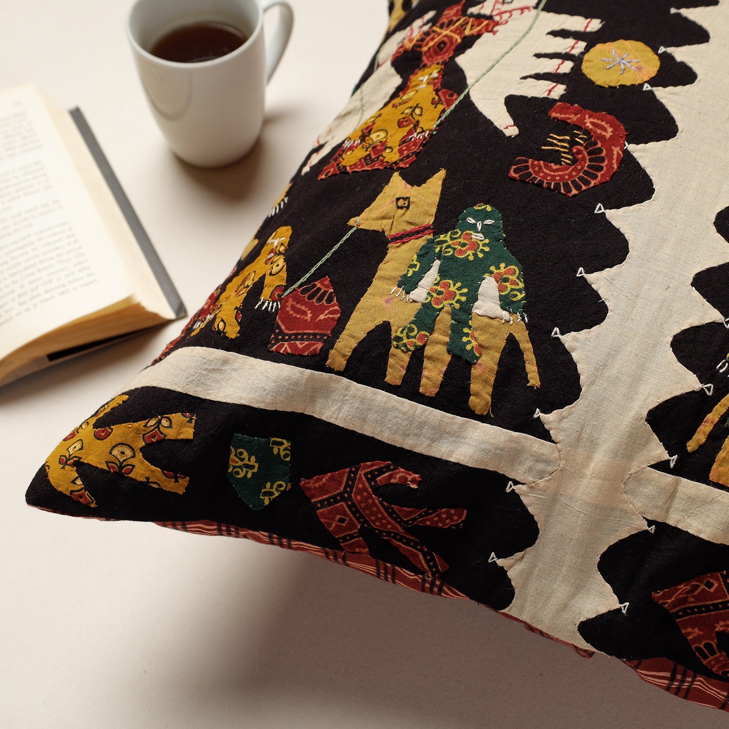 Black - Kala Raksha Applique Cutwork Cotton Cushion Cover (20 x 20 in) - view 2