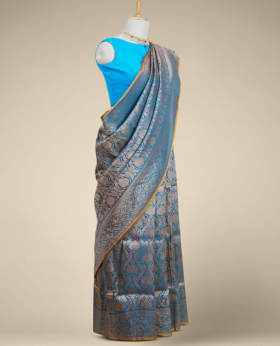 Pothys Blue jacquard banaras silk saree with self paisleys design border - view 2